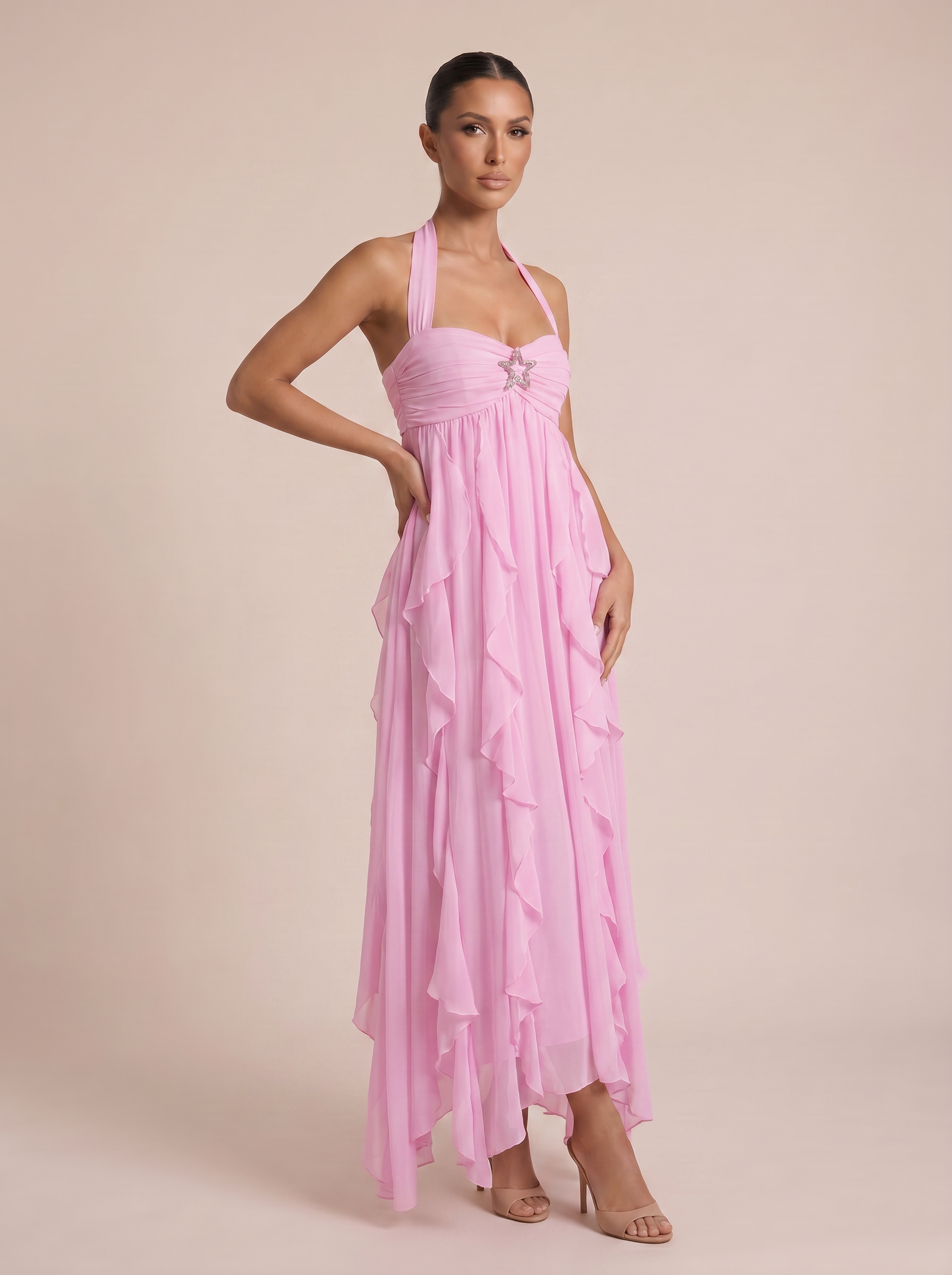 Isodle Strapless Ruffle Halter Backless Summer Maxi Dress