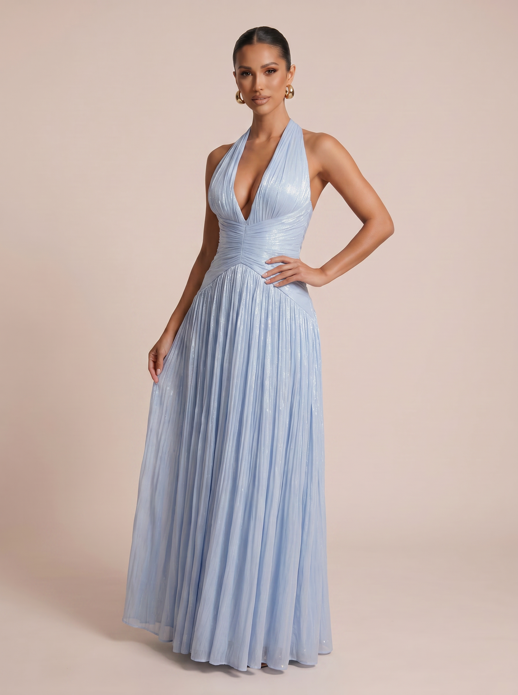 Simia Blue Elegant V Neck Sleeveless Maxi Dress