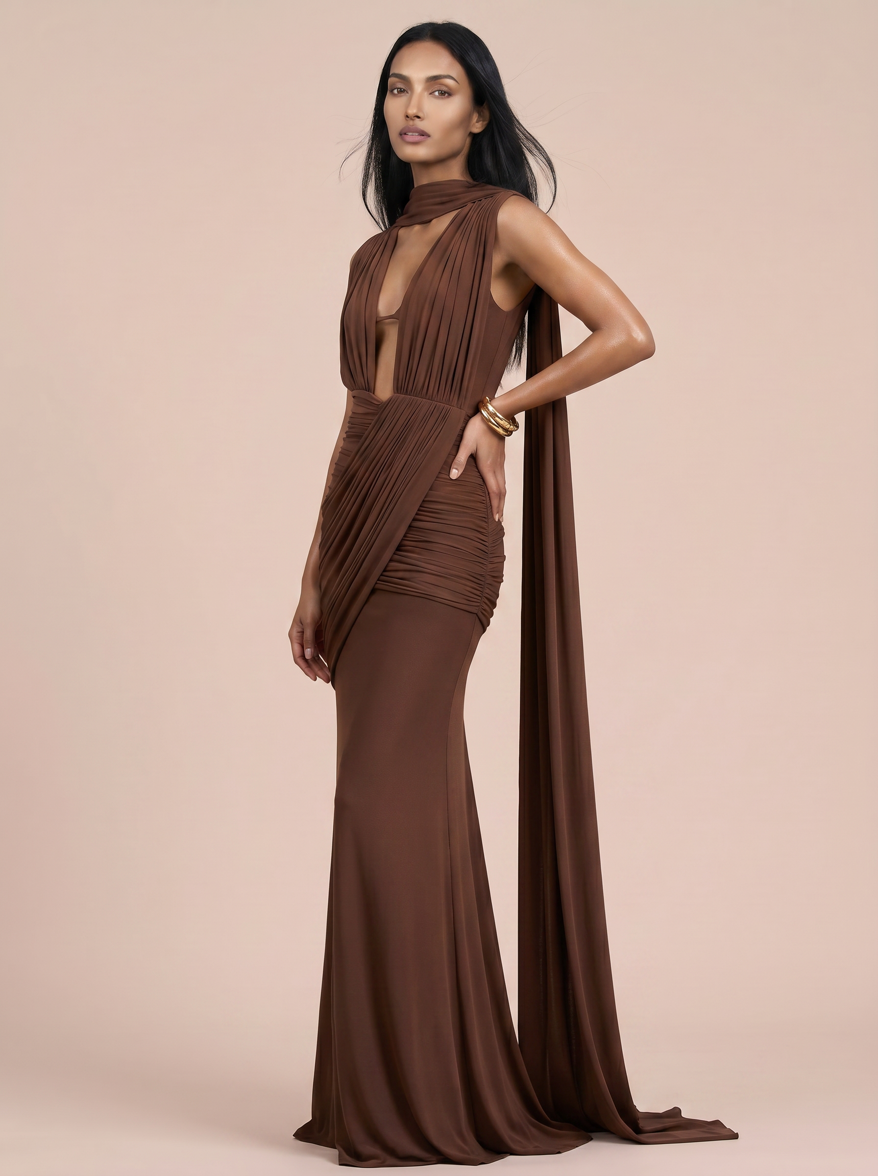 Paloma Brown Halter Sleeveless Scarf Maxi Dress