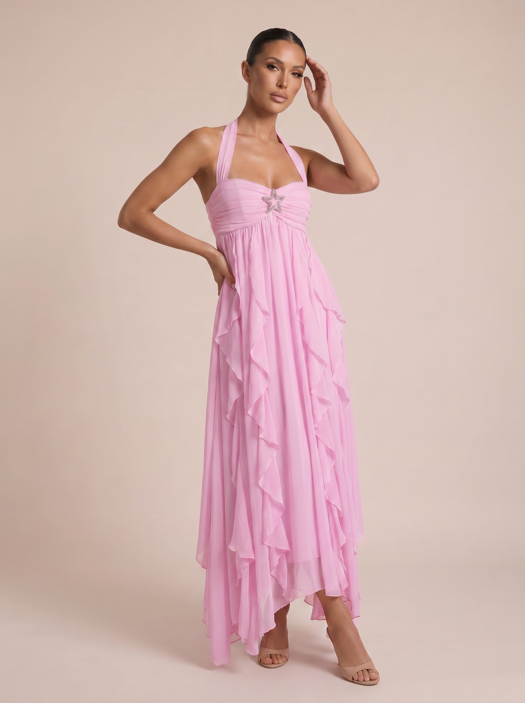 Isodle Strapless Ruffle Halter Backless Summer Maxi Dress