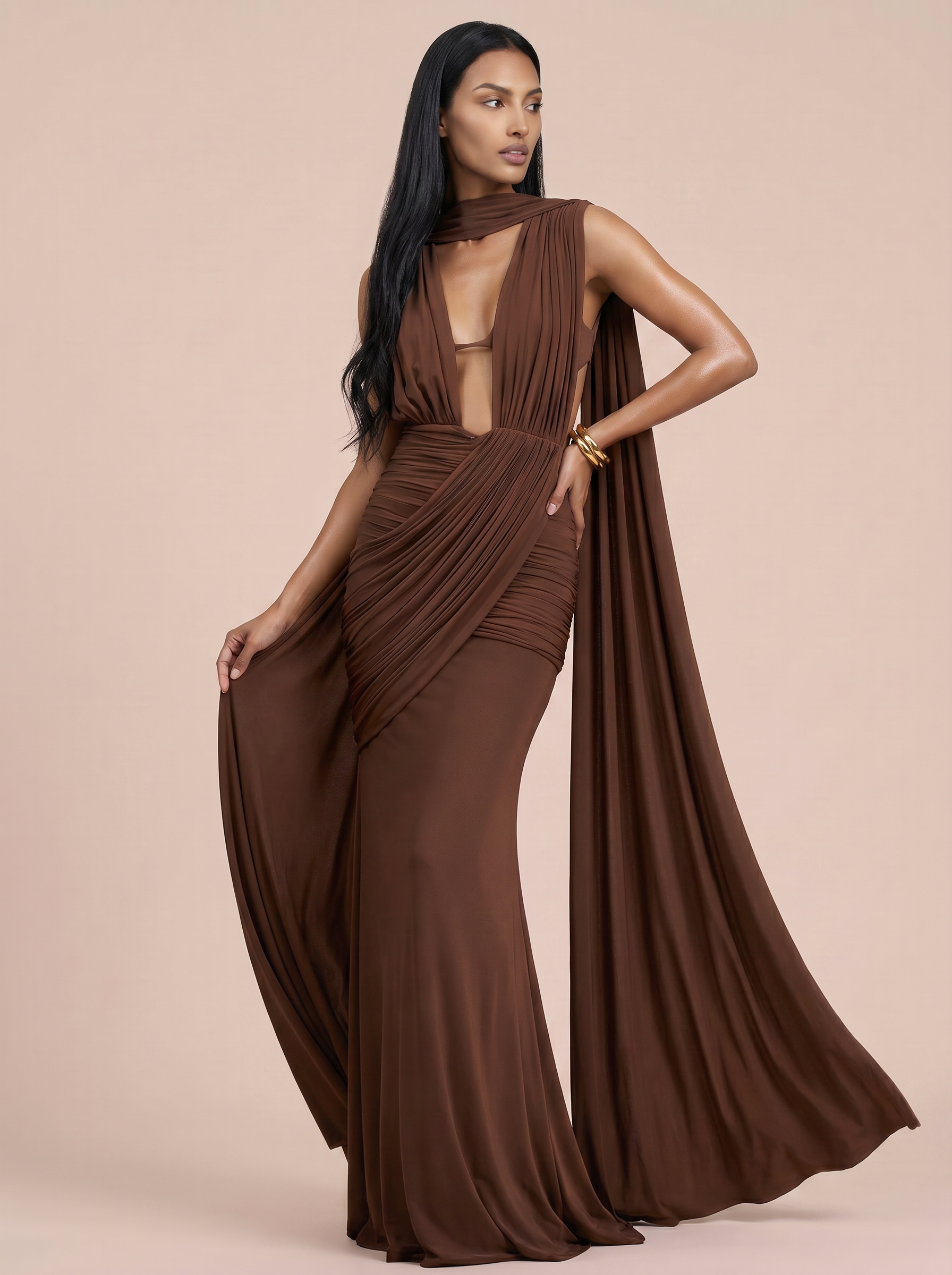 Paloma Brown Halter Sleeveless Scarf Maxi Dress