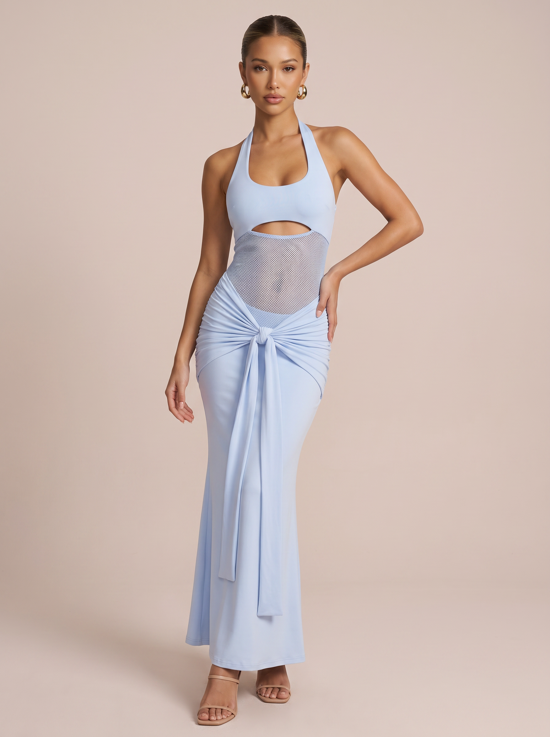 Danielle Blue Mesh Halter Sleeveless Maxi Dress