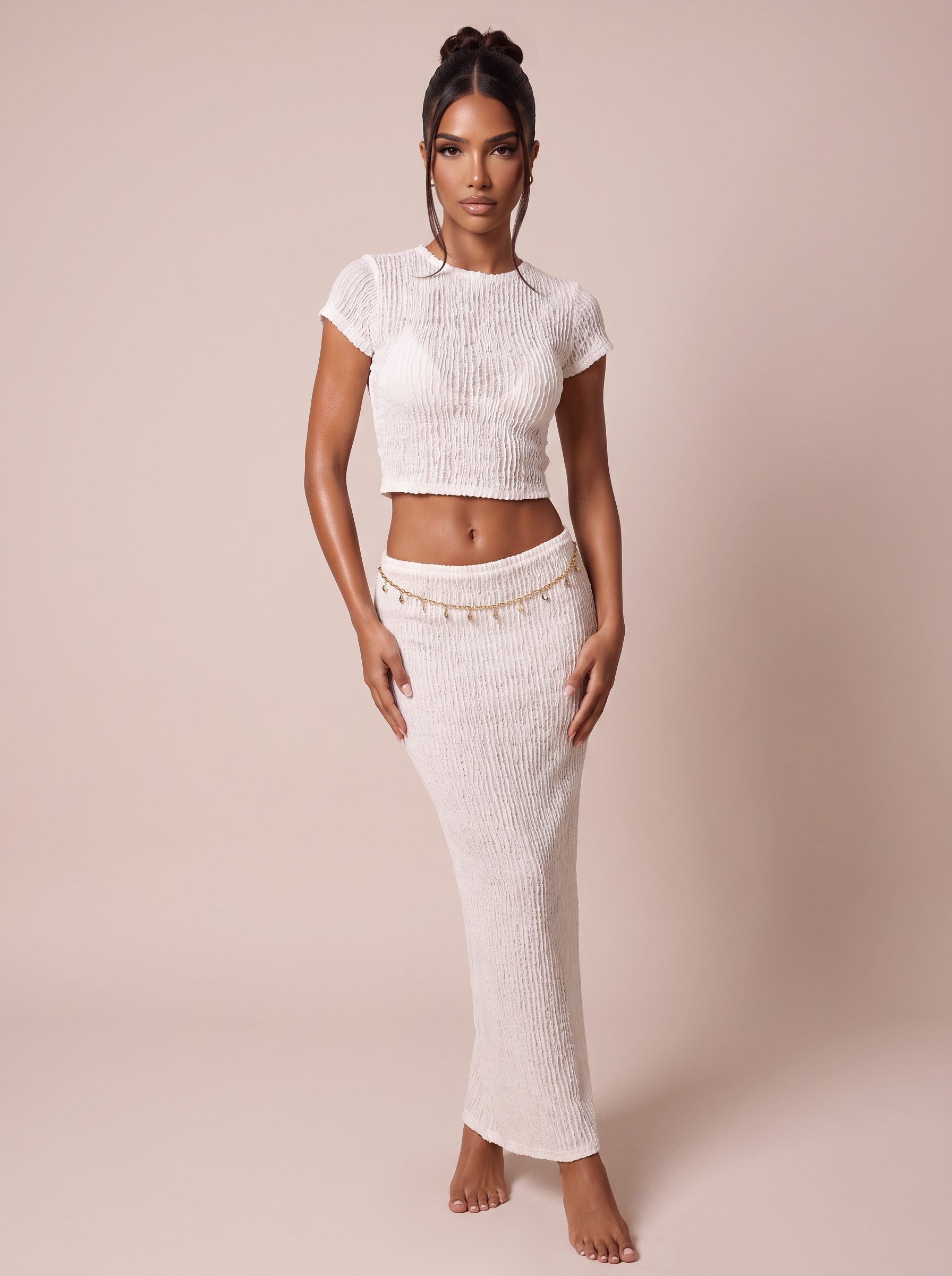 Lorelyi Crochet Two Piece Set Short Sleeve Crop Top Low Waist Long Skirt 