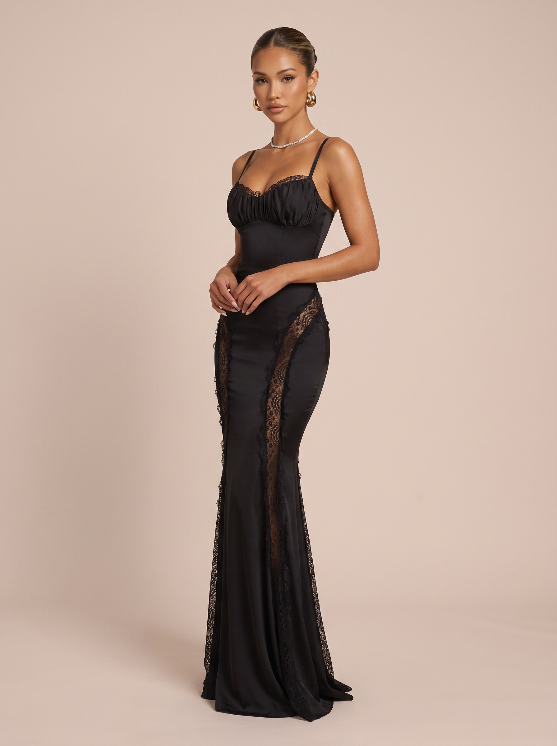 Delilah Black Spaghetti Strap Bodycon Lace Maxi Dress