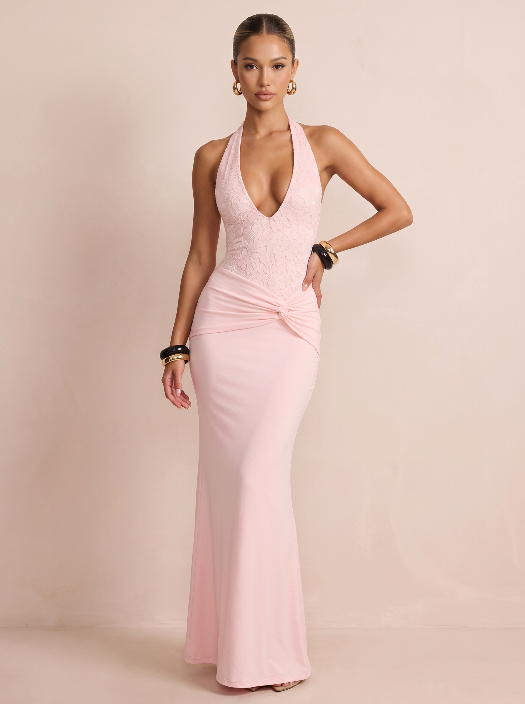 Lucy Pink V Neck Halter Bodycon Maxi Dress