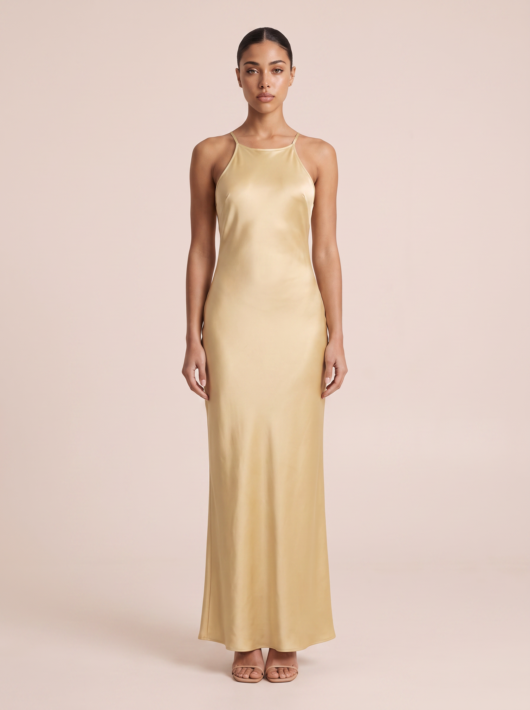 Kindra Backless Spaghetti Strap Crystal Satin Maxi Dress 