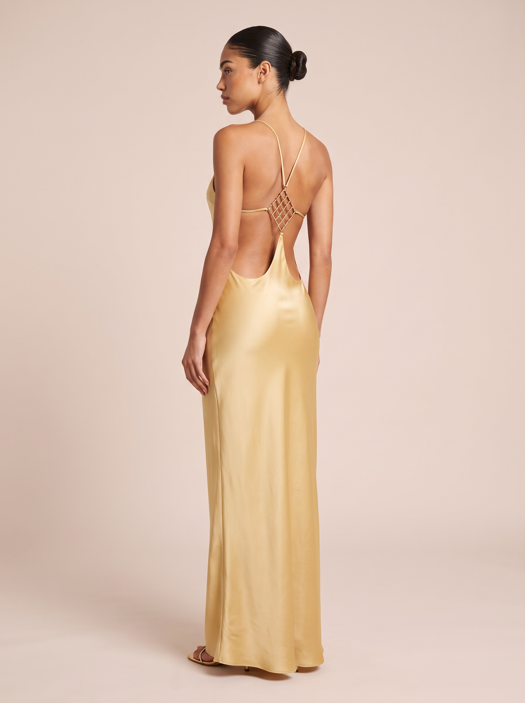 Kindra Backless Spaghetti Strap Crystal Satin Maxi Dress 