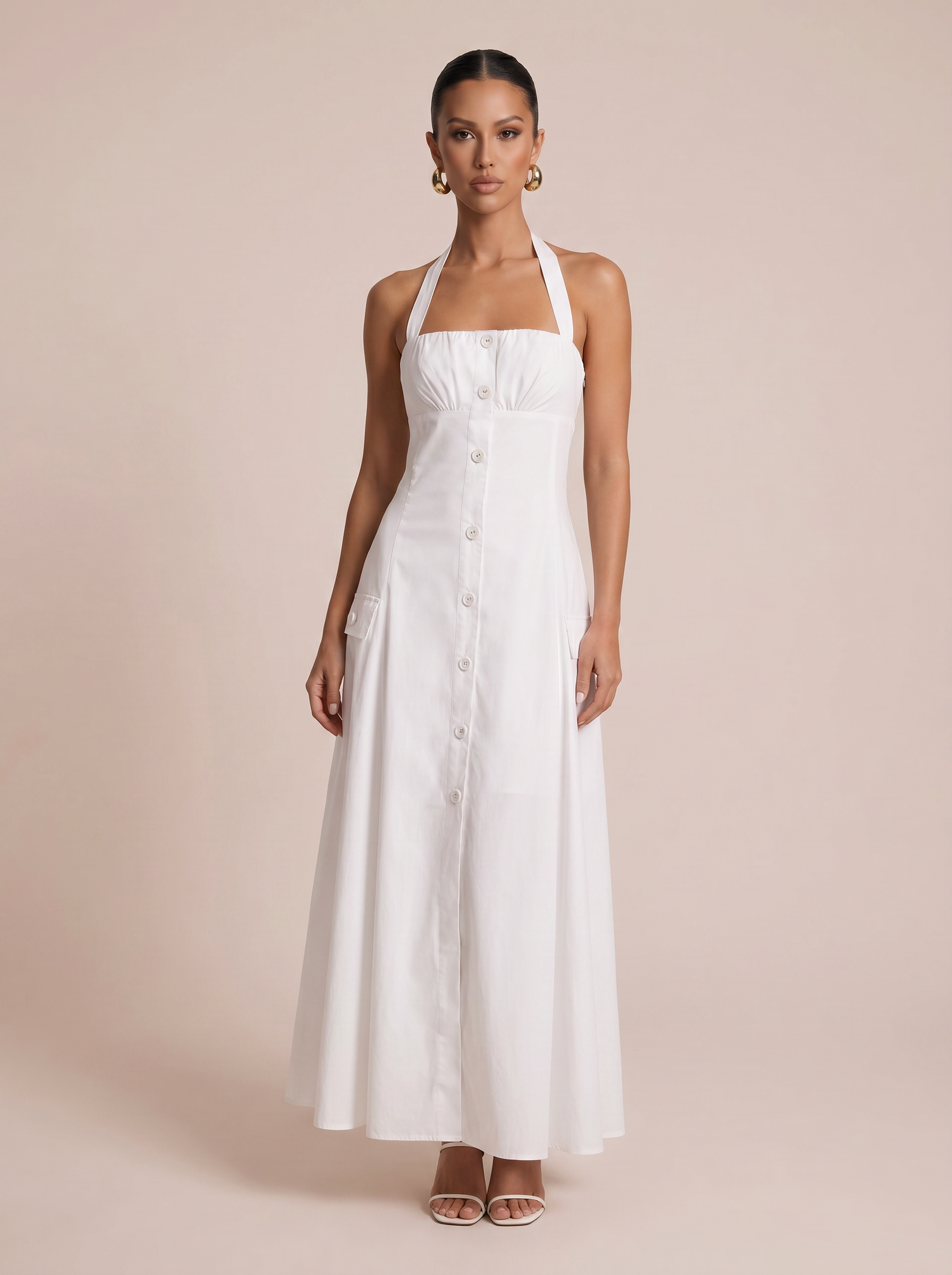 Taylor White Halter Midi Summer Sundress Dress