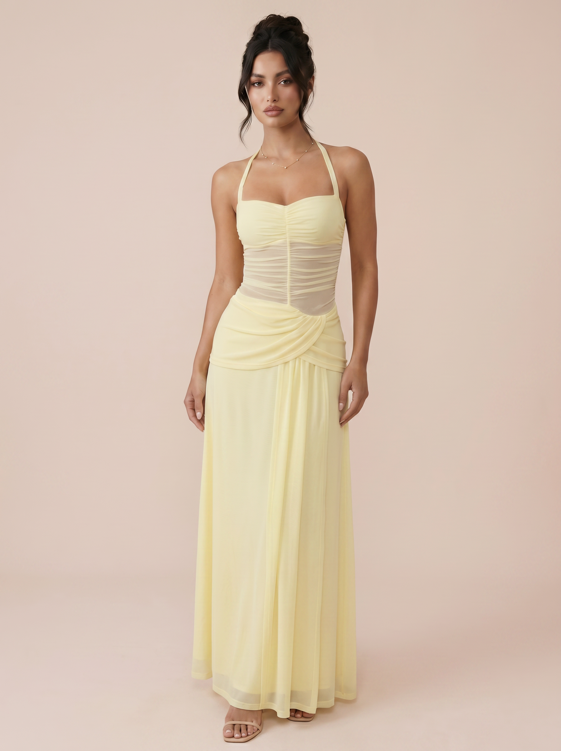 Nola Yellow Halterneck Mesh Maxi Dress