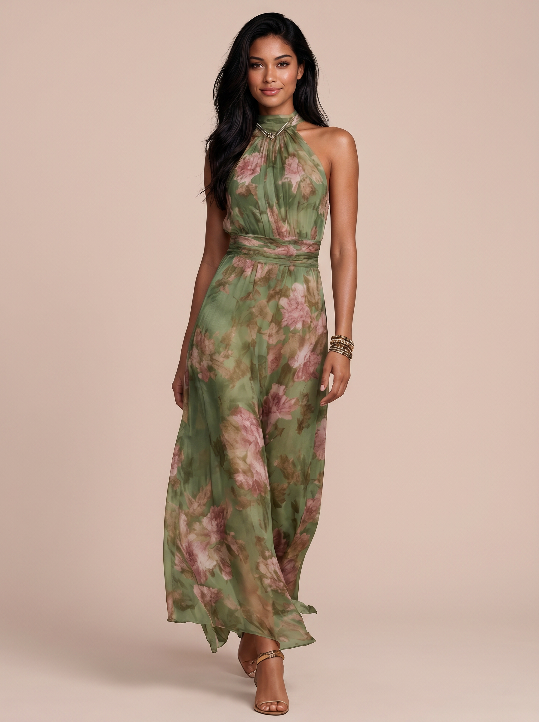 Maysia Green Floral Halter Chiffon Summer Maxi Dress
