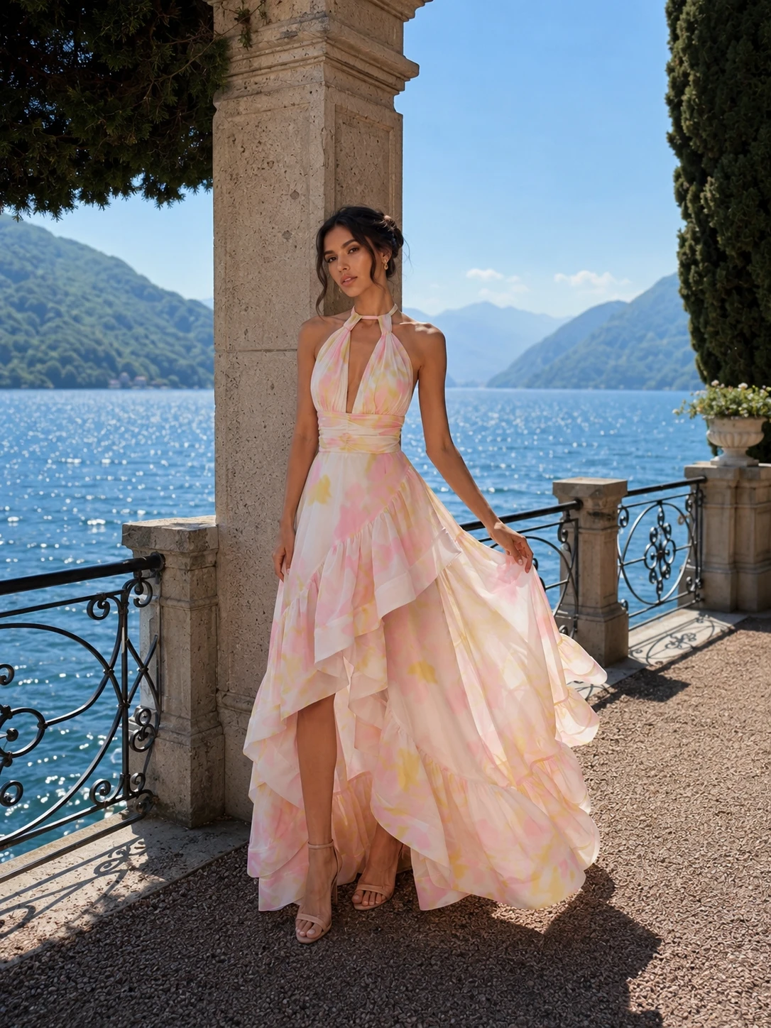 Maia Pink Floral Print Halter Neck Chiffon Ruffle Maxi Dress