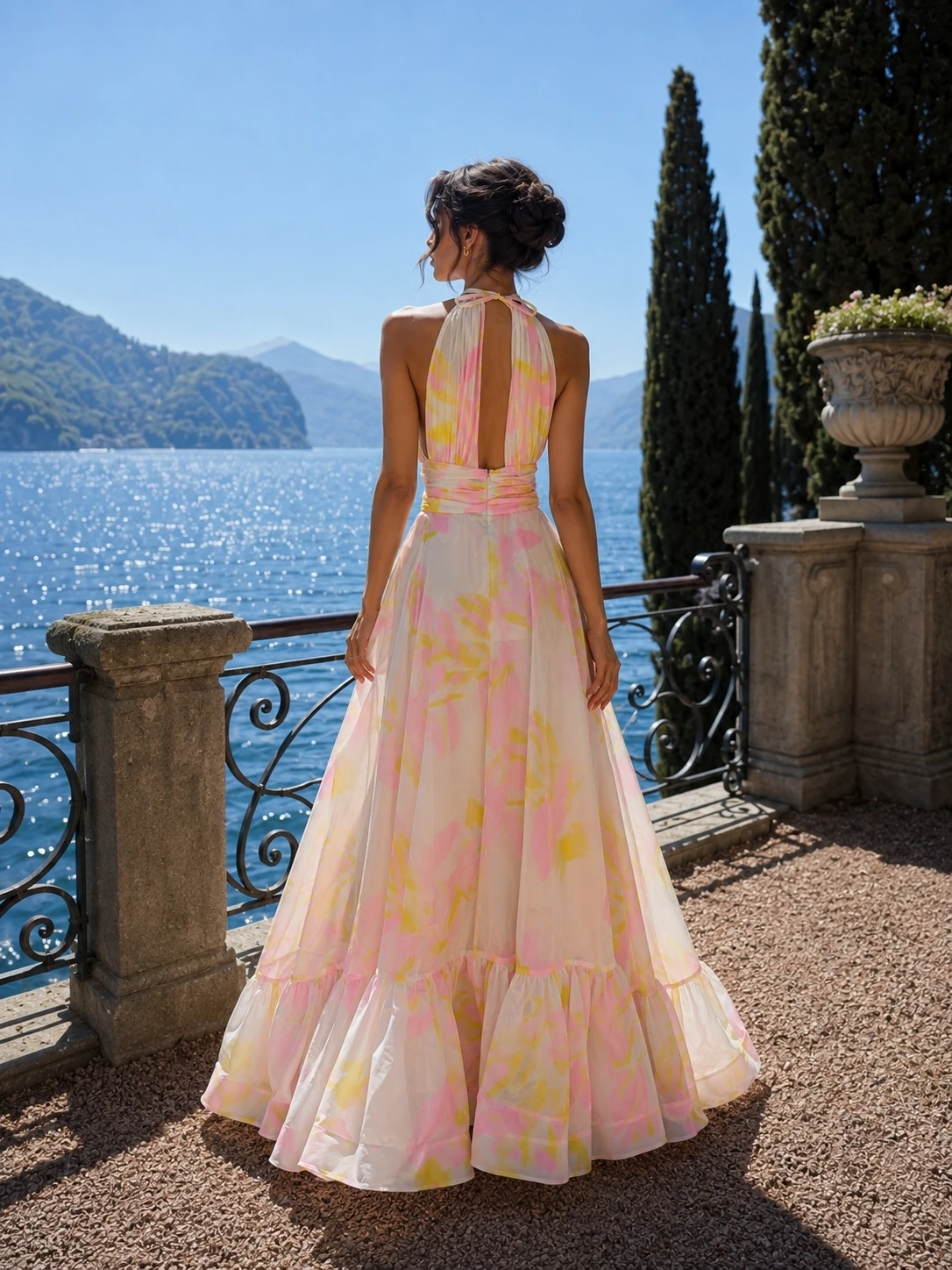 Maia Pink Floral Print Halter Neck Chiffon Ruffle Maxi Dress