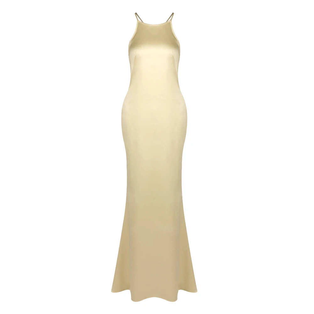 Kindra Backless Spaghetti Strap Crystal Satin Maxi Dress 