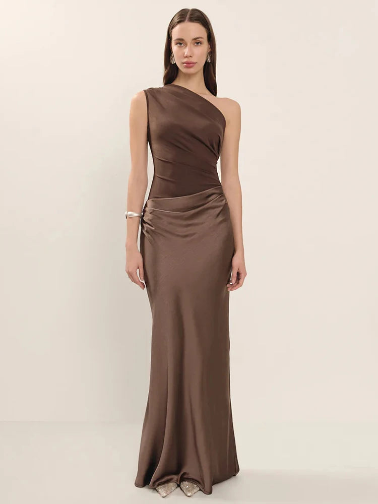Lalia Satin One Inclined Shoulder Maxi Dress