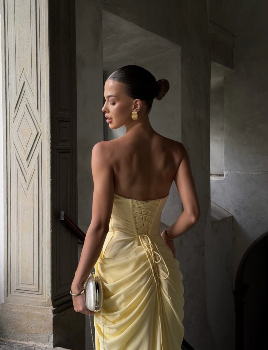 Olivette Yellow Strapless Corset Elegant Maxi Dress