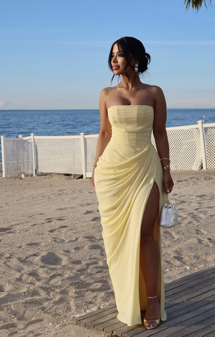 Olivette Yellow Strapless Corset Elegant Maxi Dress