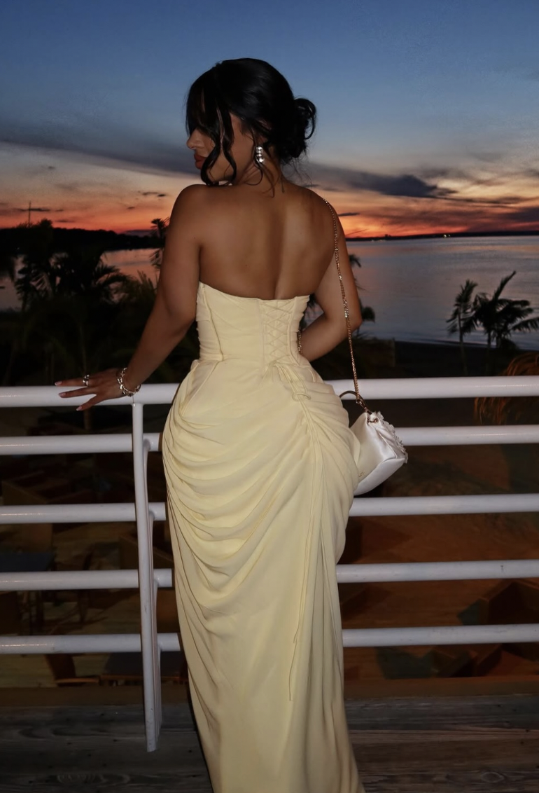 Olivette Yellow Strapless Corset Elegant Maxi Dress