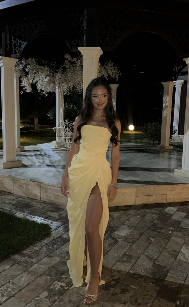 Olivette Yellow Strapless Corset Elegant Maxi Dress