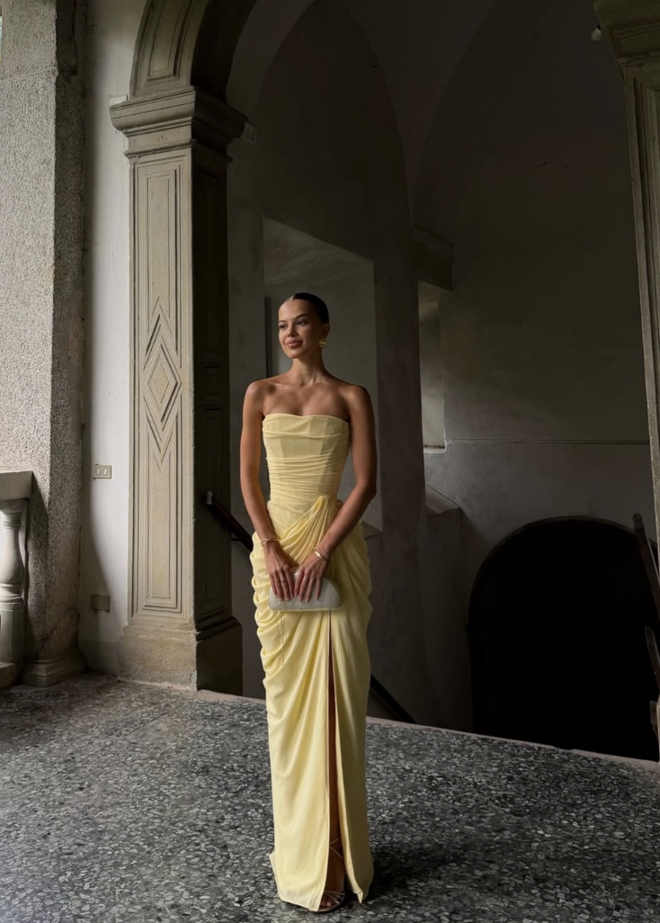 Olivette Yellow Strapless Corset Elegant Maxi Dress