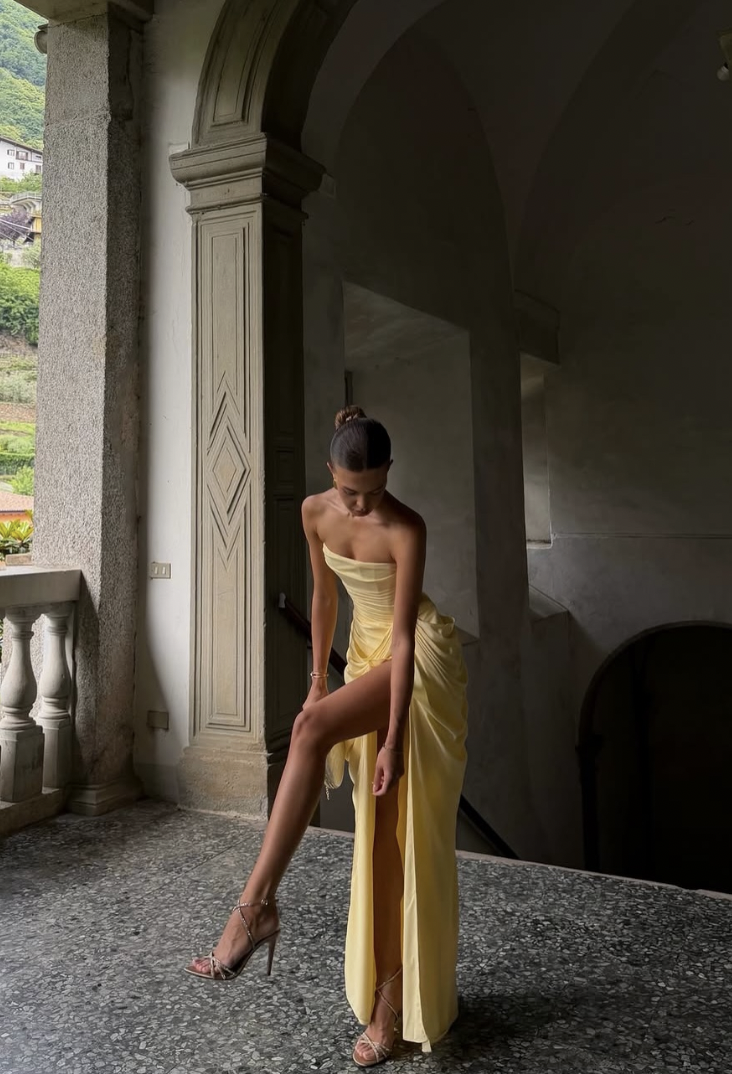 Olivette Yellow Strapless Corset Elegant Maxi Dress