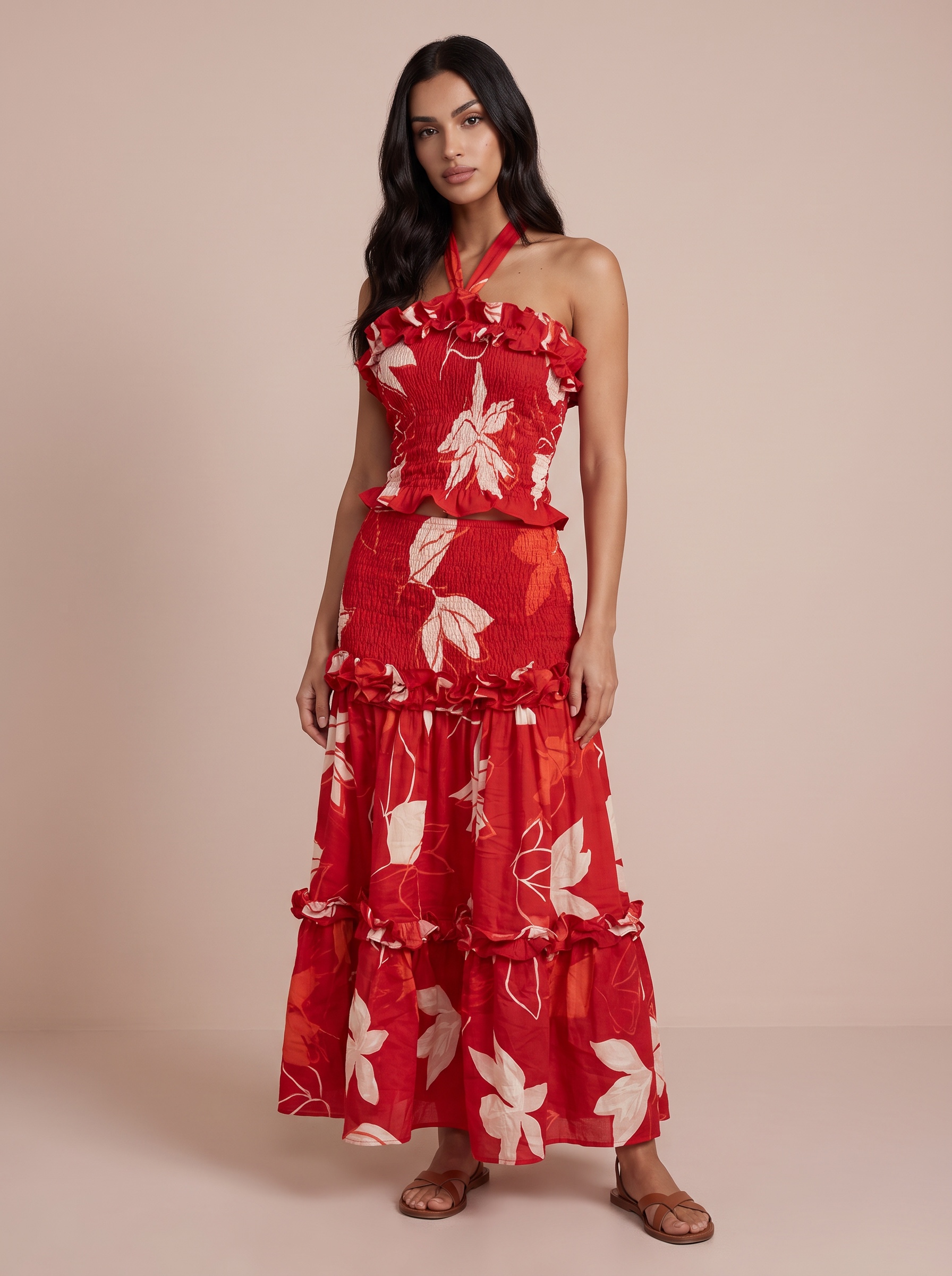 CM.YAYA Chic Women Halter Off Shoulder Ditsy Floral Maxi Dress Shirred Bodycon Ruffle Trim Tiered Flowy Evening Party Long Dress