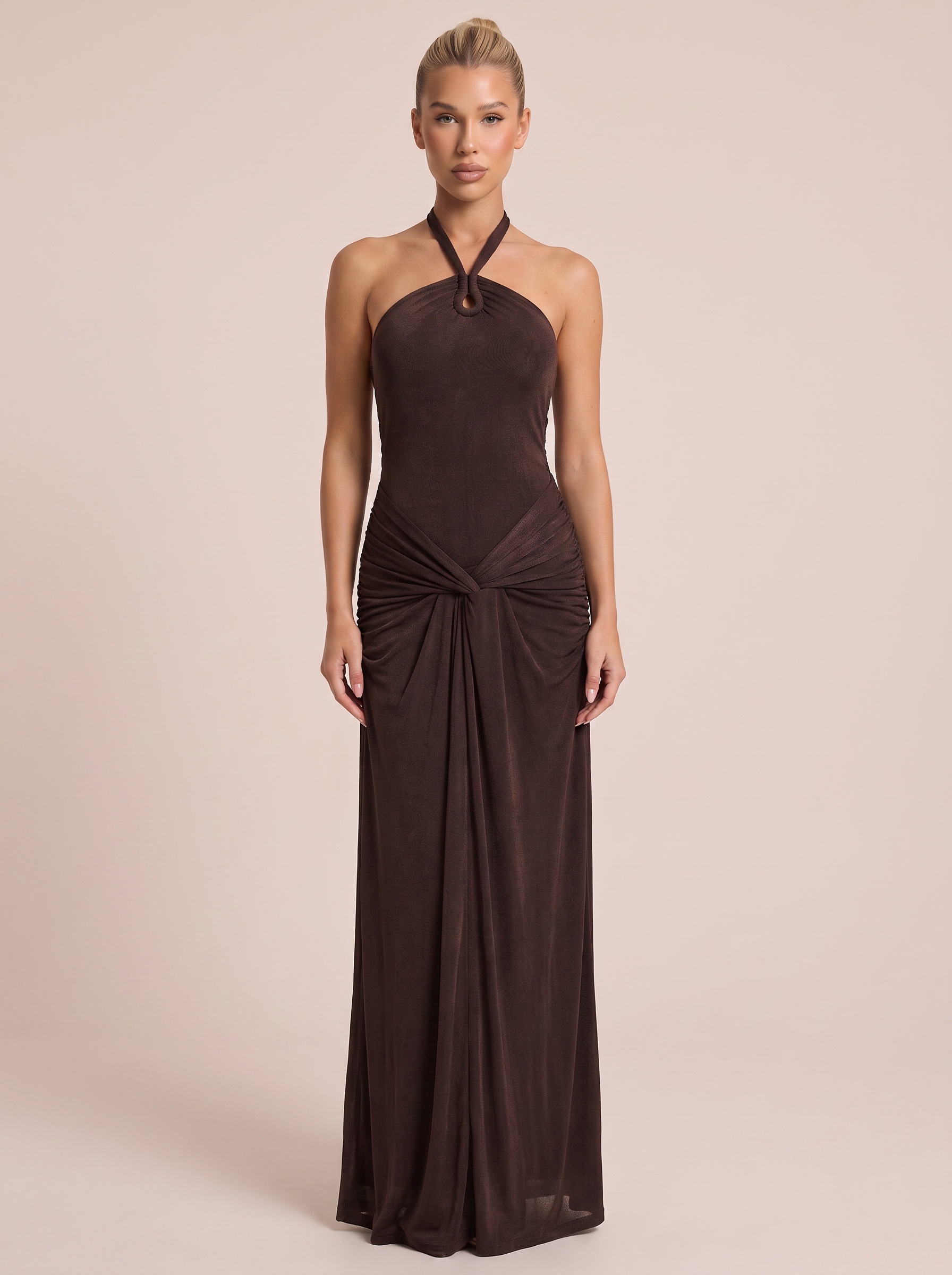 TWOTWINSTYLE Solid Spliced Ruched Fitted Maxi Gown for Women Halter Sleeveless Mesh Patchwork Hollow Out Sexy Dress Female New