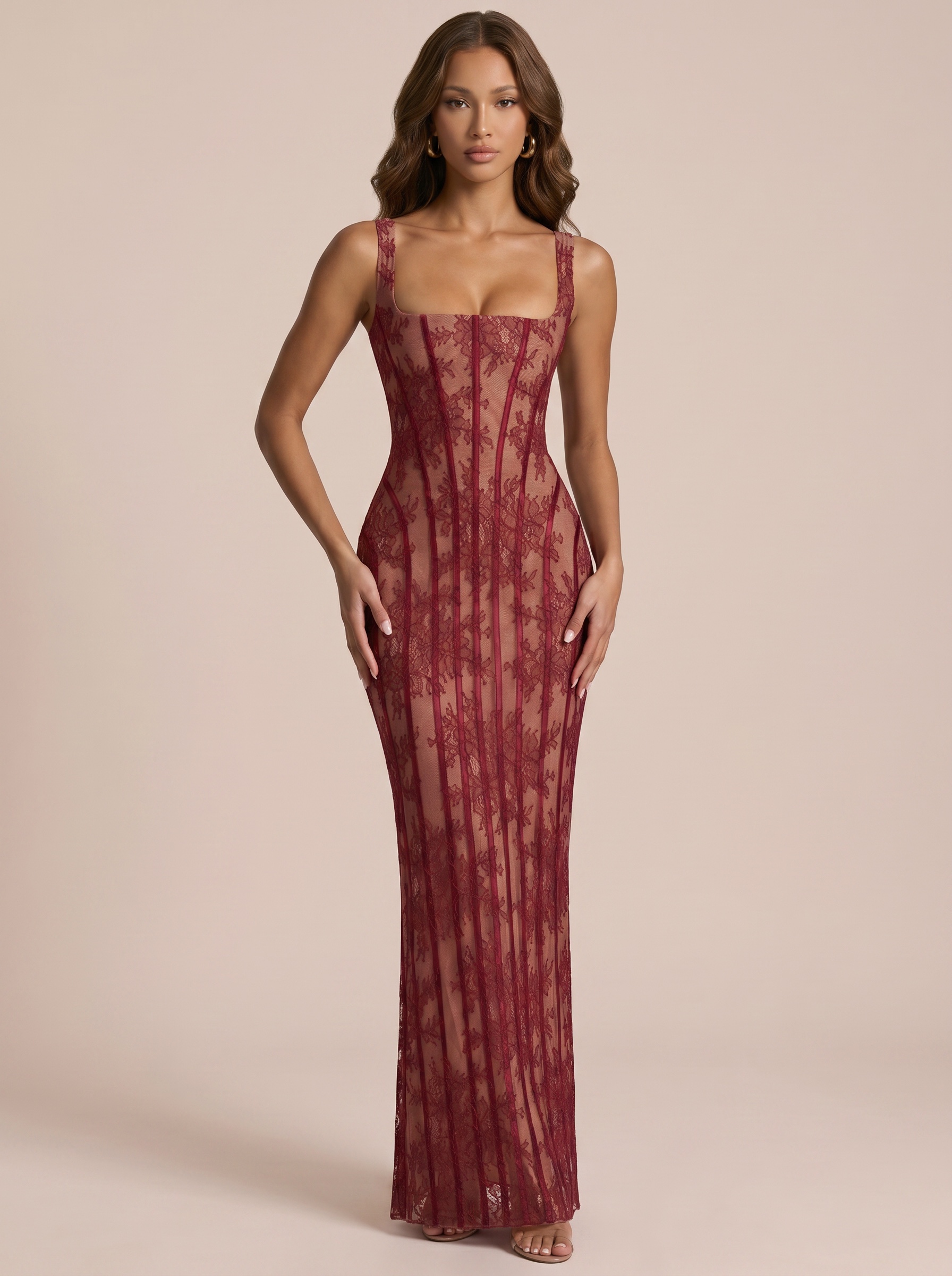 Mozision Square Neck Spaghetti Strap Sexy Maxi Dress Women Lace Mesh Striped Bodycon Elegant Wedding Guest Evening Party Dresses