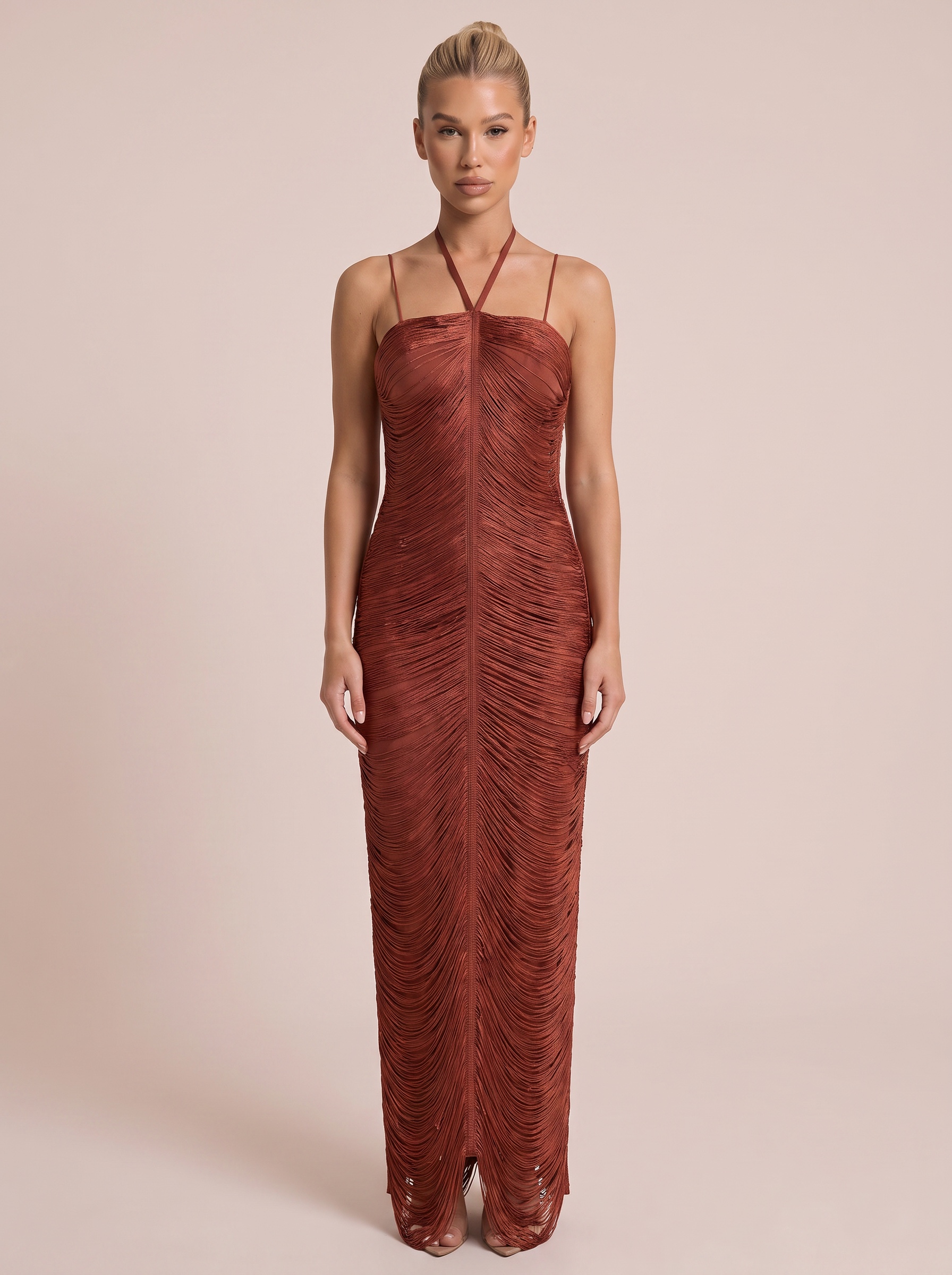 TWOTWINSTYLE Solid Spliced Tassel Slimmig Maxi Dress for Women Halter Neck Sleeveless Patchwork Zipper Dresses Female New Style