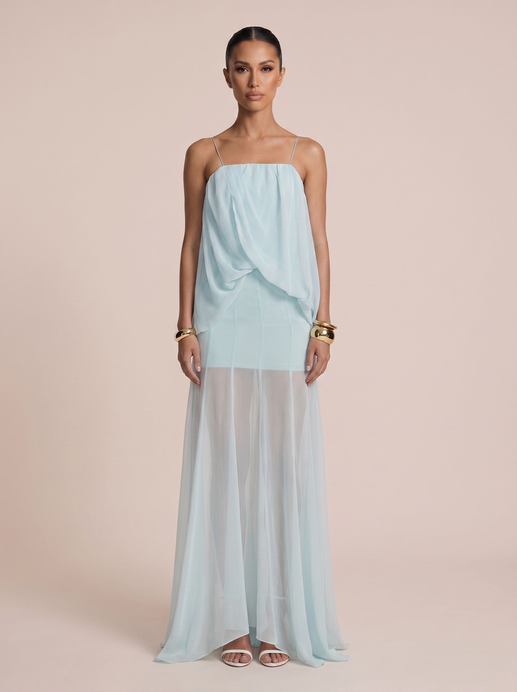 VC Luxury Women Maxi Dress Elegant Chiffon Evening Dress Spaghetti Strap Sleeveless Sheer Mesh Patchwork Long Dress