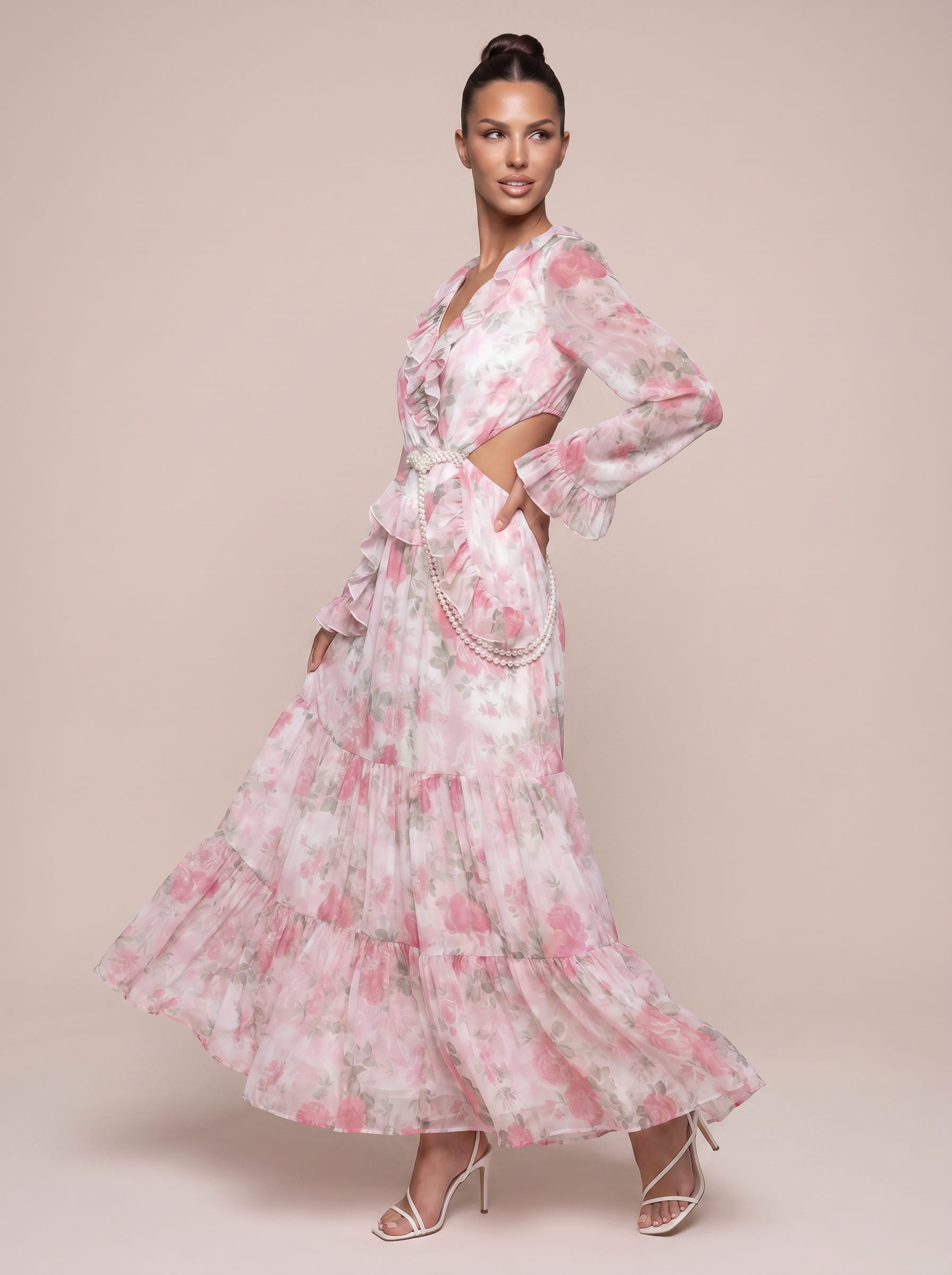 Melina Ruffle Floral Long Sleeve V Neck Maxi Dress