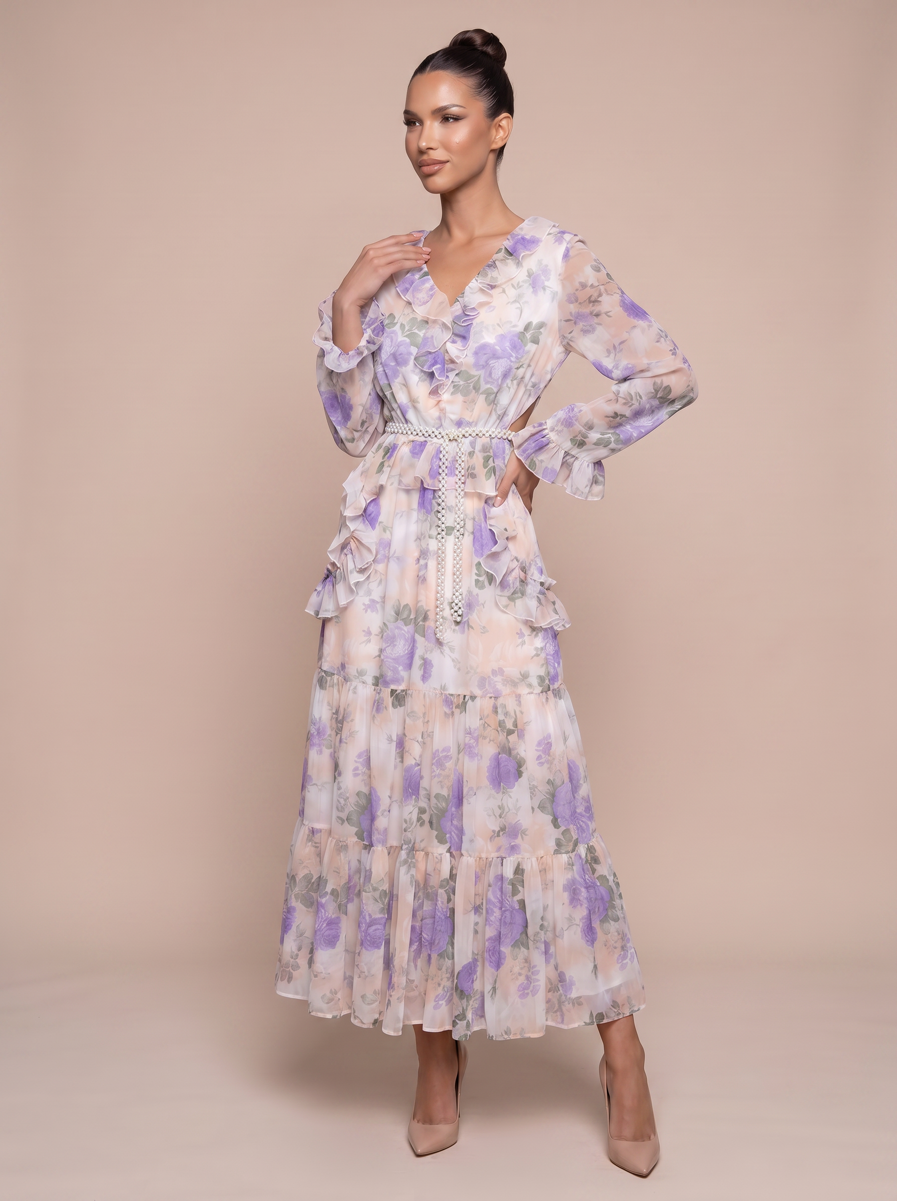 Melina Ruffle Floral Long Sleeve V Neck Maxi Dress