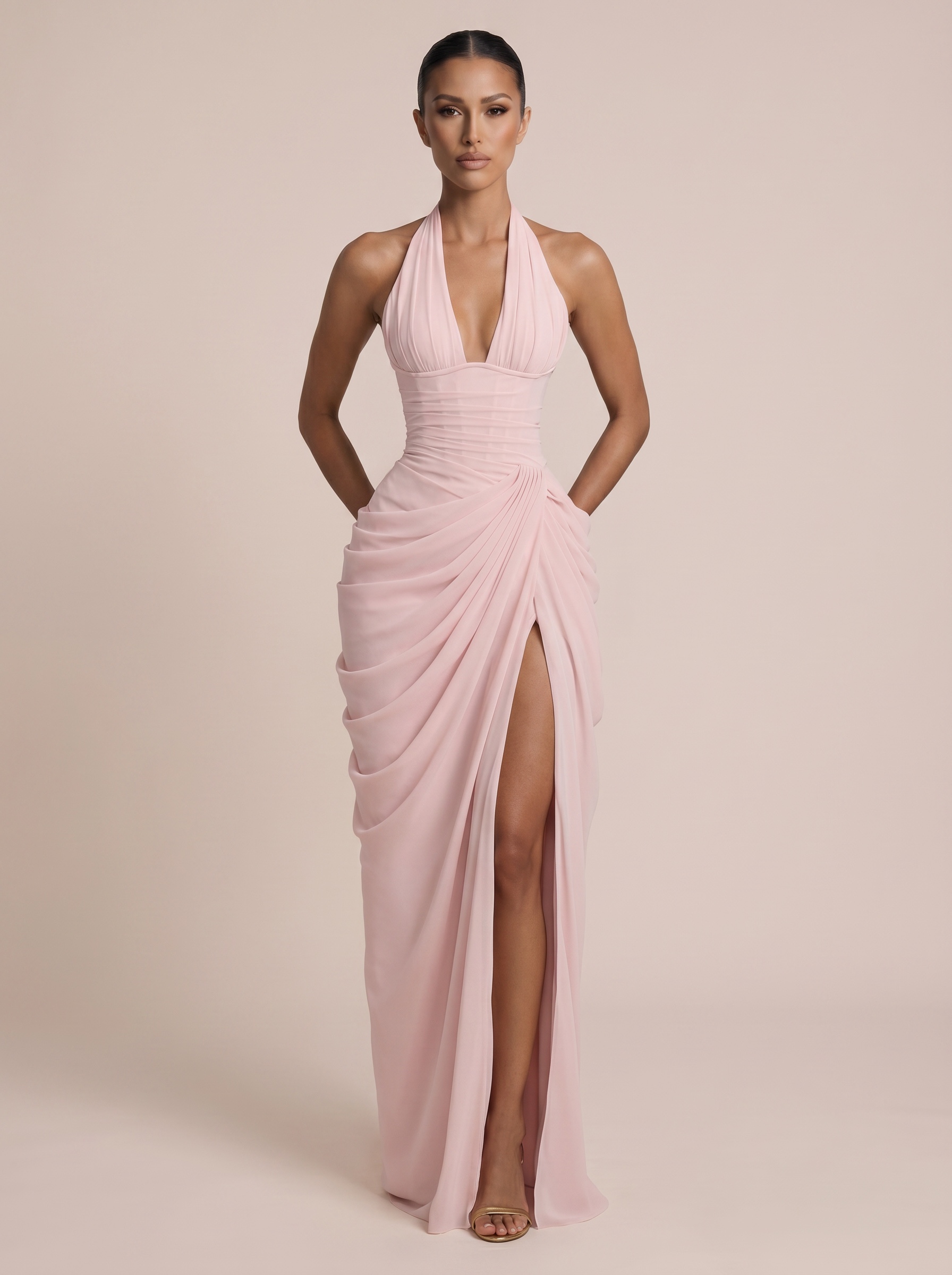 Mozision Wine Red Halter Deep V Maxi Dress Women Elegant Draped Ruched High Split Bodycon Cocktail Wedding Club Party Dresses