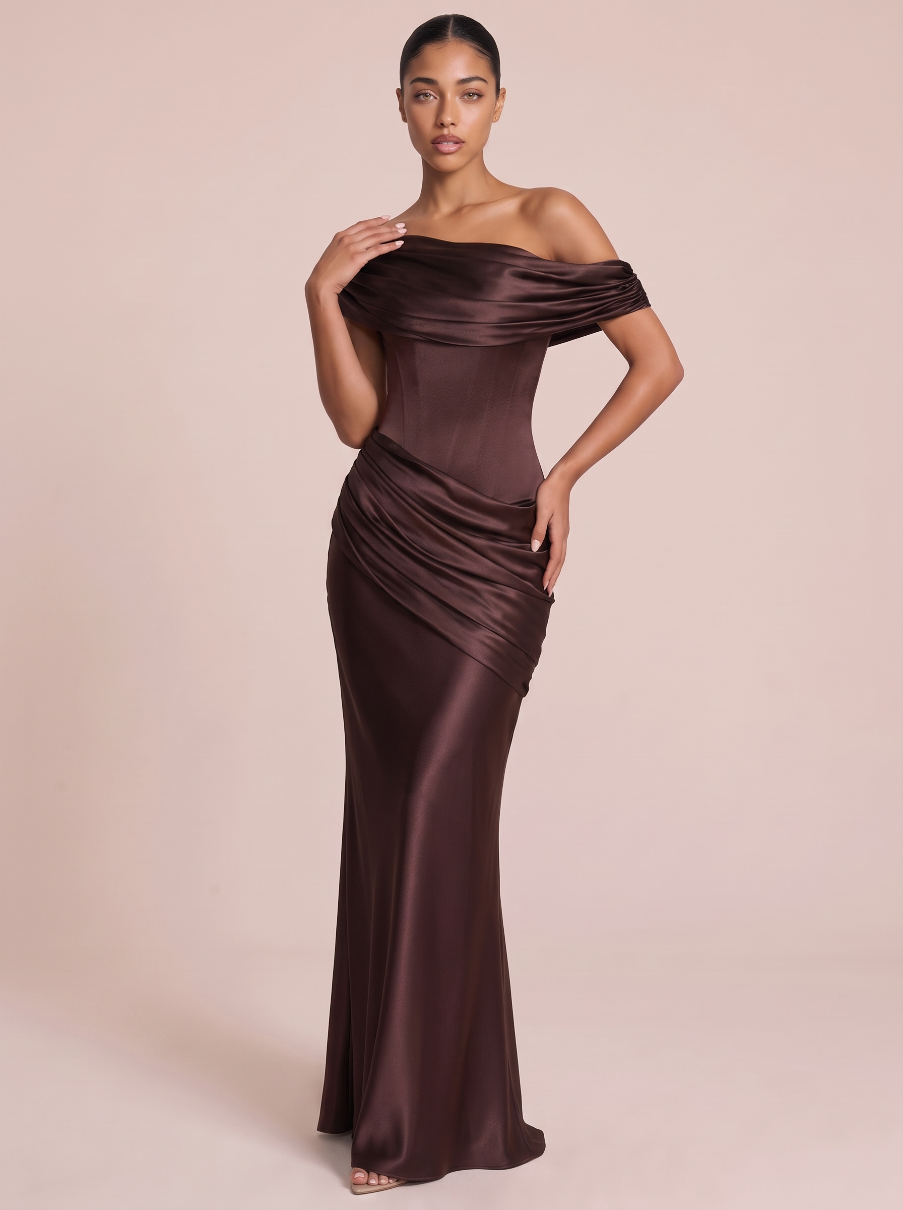 Valérie Satin Off-Shoulder Ruched Maxi Dress