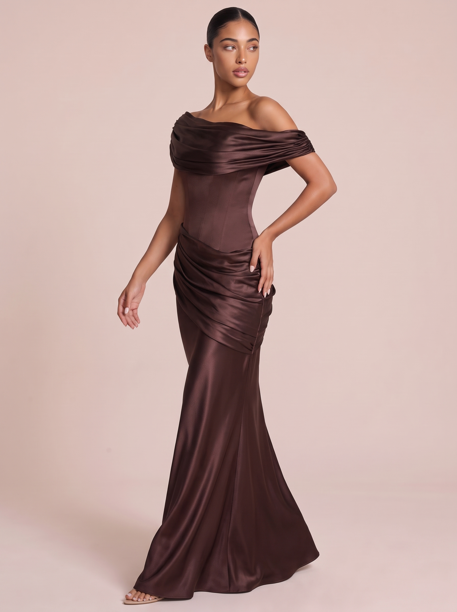 Valérie Satin Off-Shoulder Ruched Maxi Dress