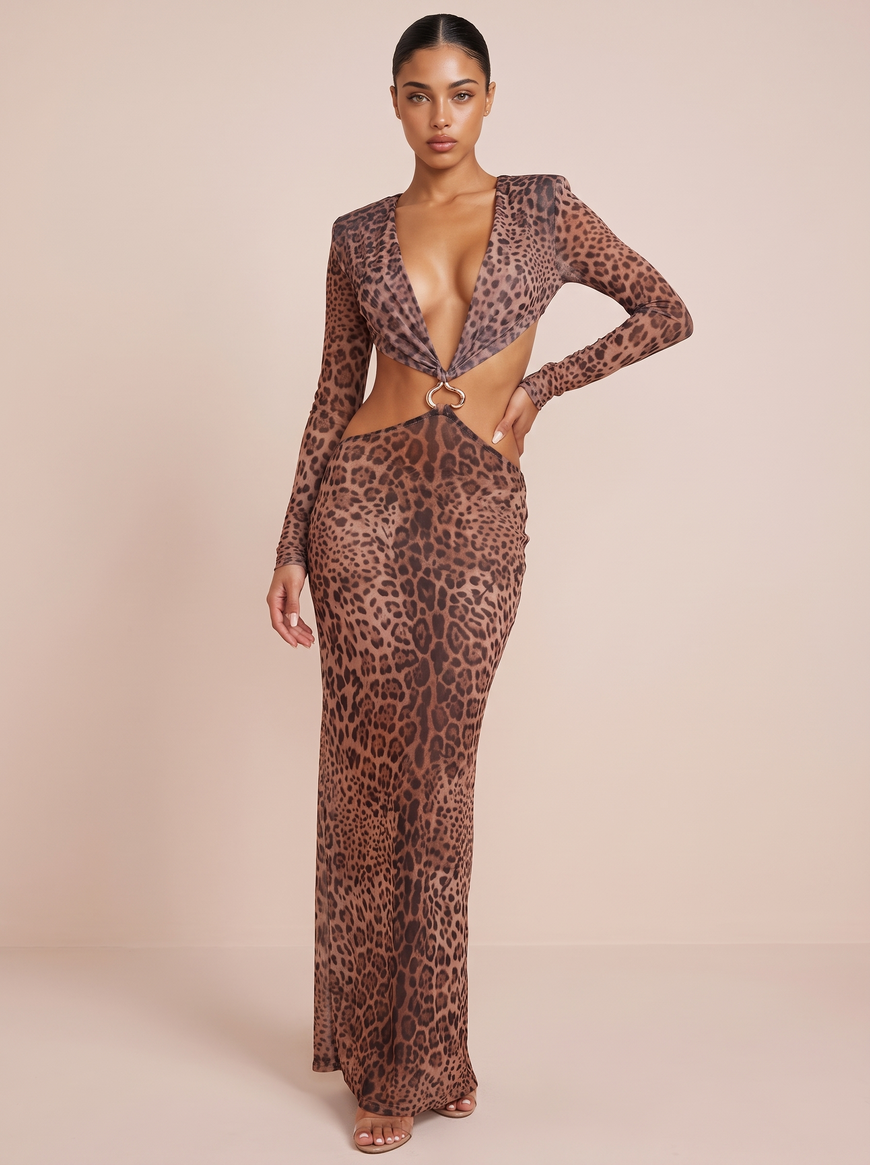Evelyn Leopard-Print Deep V-Neck Backless Bodycon Dress