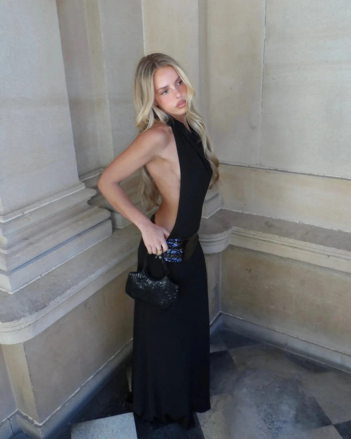 Kiyah Black Backless Sequin Maxi Dress
