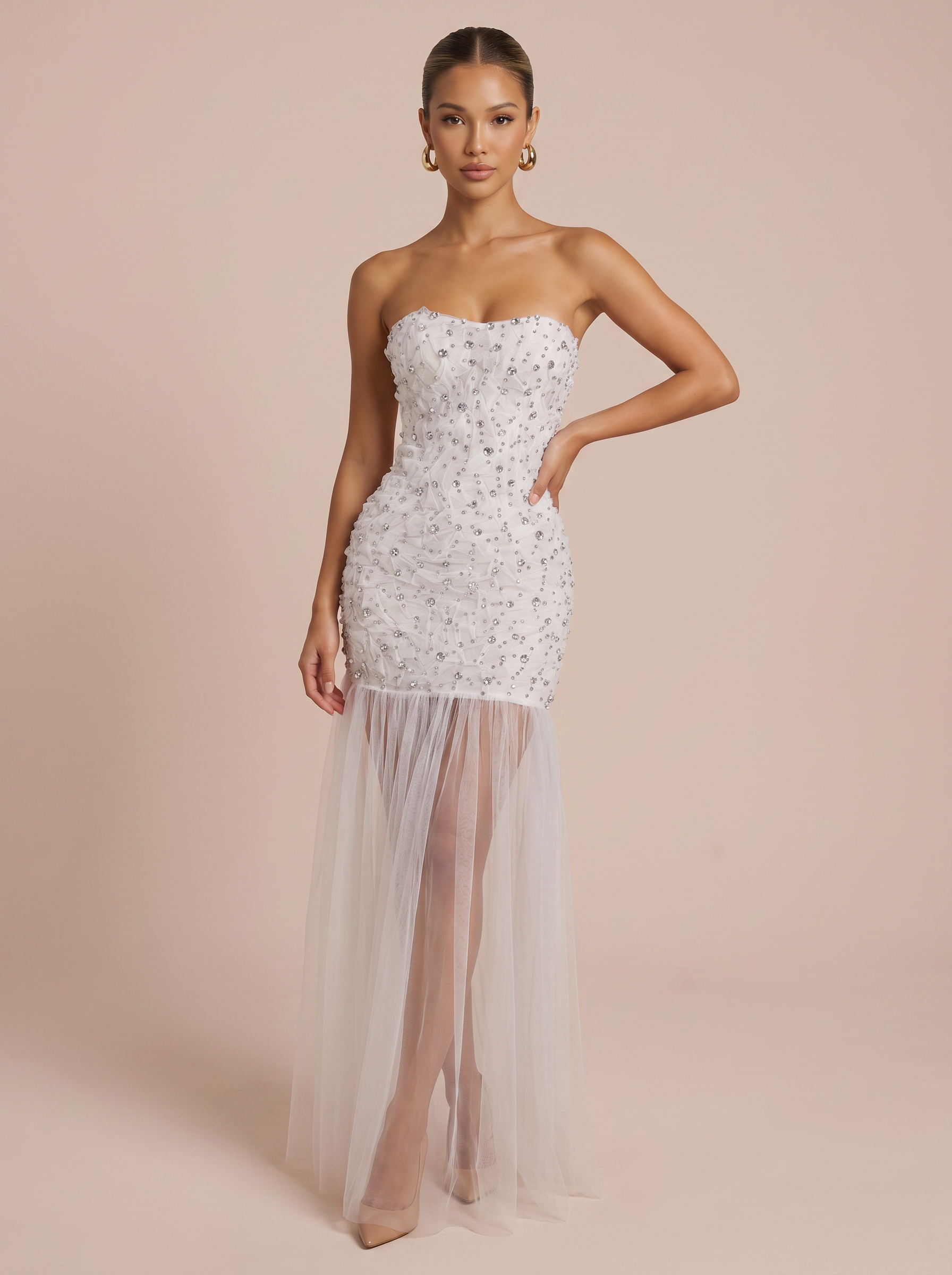 Anastasia Strapless Crystal Bodycon Mesh Maxi Dress 