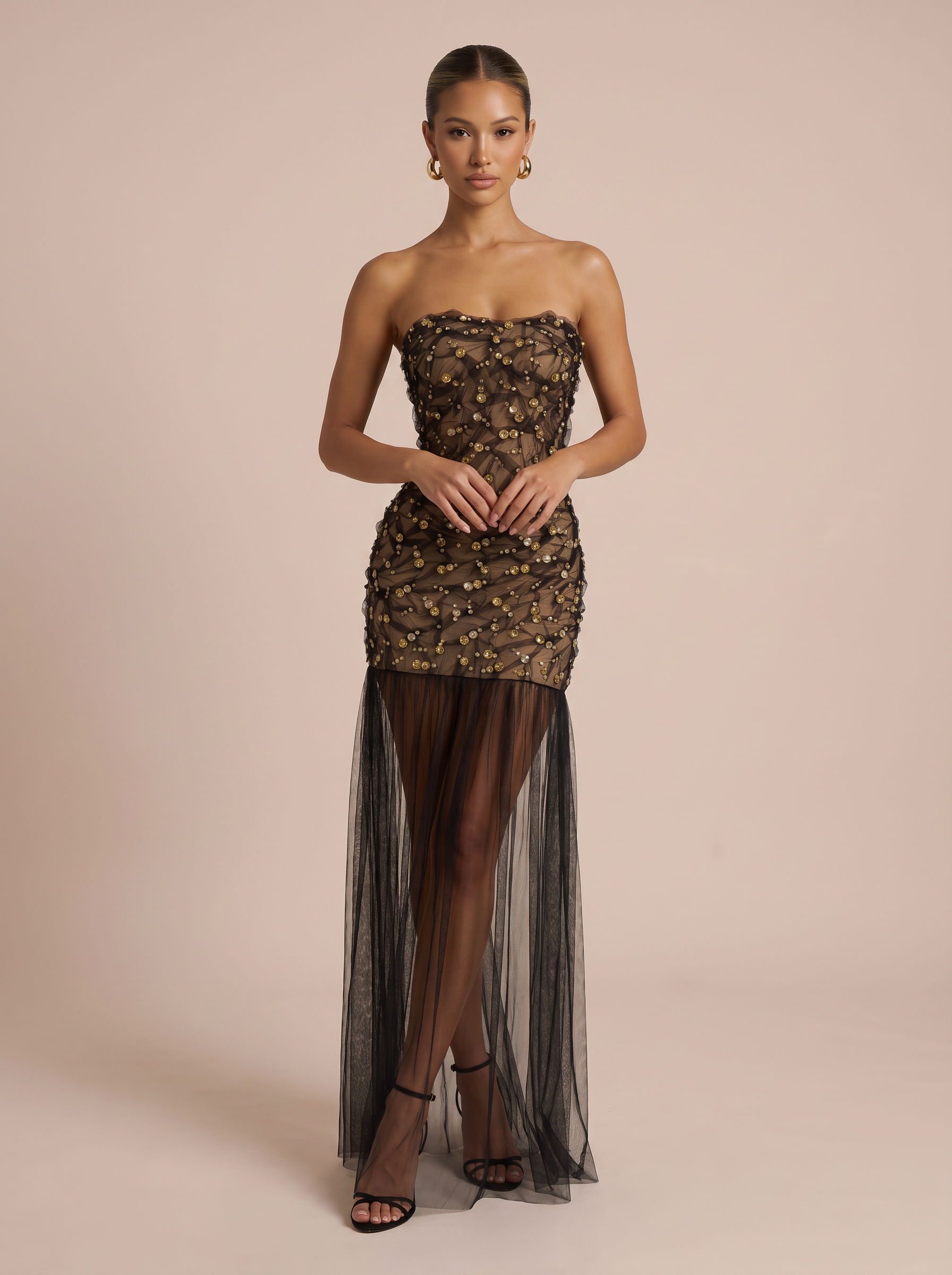 Anastasia Strapless Crystal Bodycon Mesh Maxi Dress 