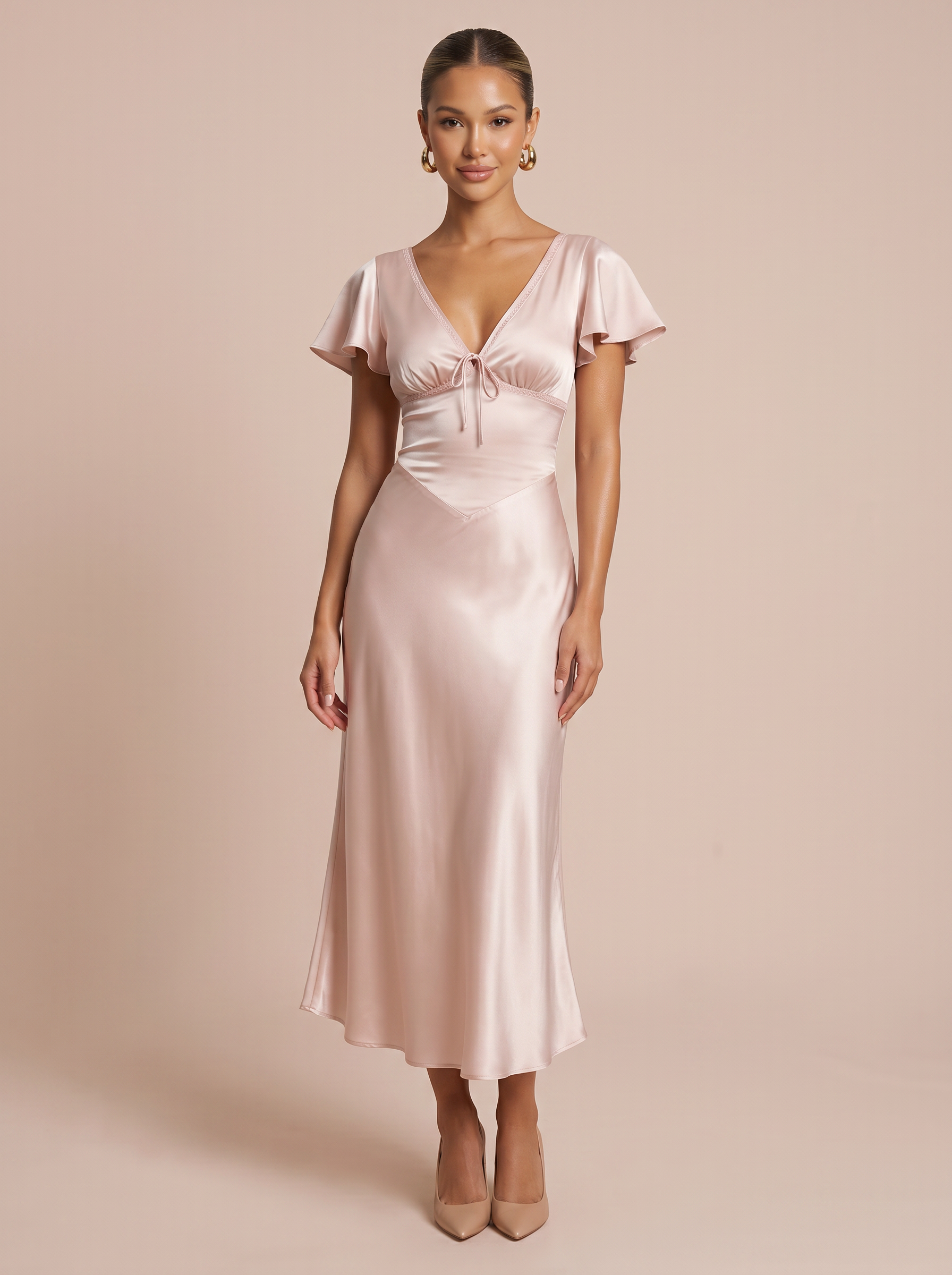 Emilijah Pink Satin V-Neck Lace-up Maxi Dress 