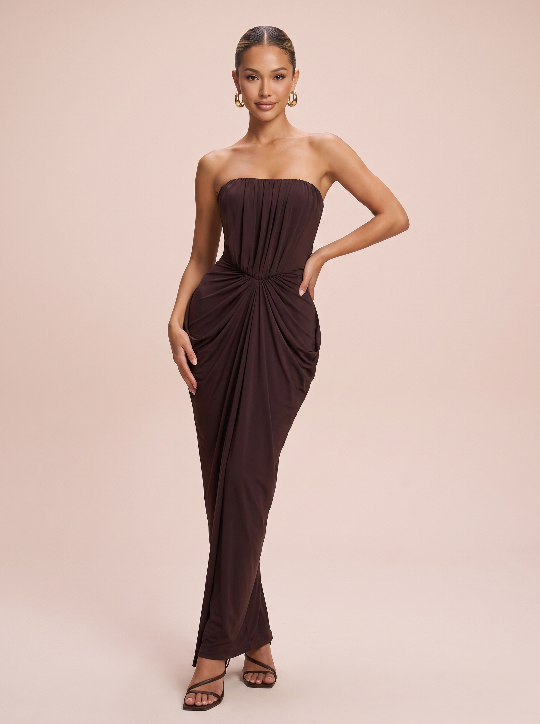 Estelle Brown Strapless Draped Bodycon Maxi Dress 
