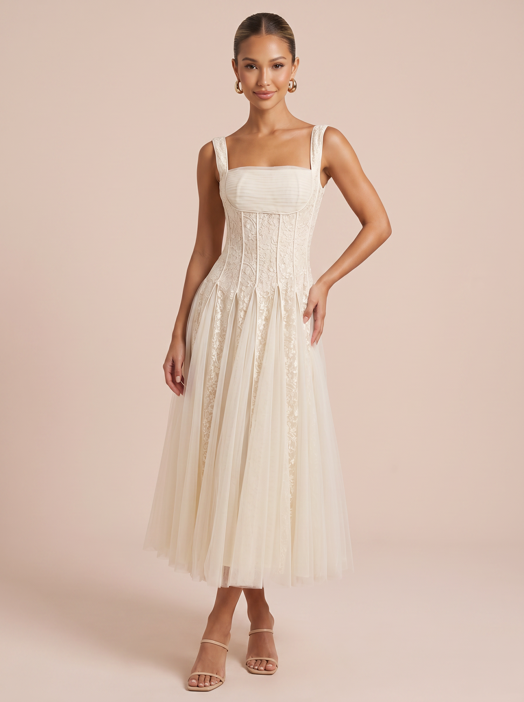 Skylar Square-neck Embroidered Mesh Midi Dress