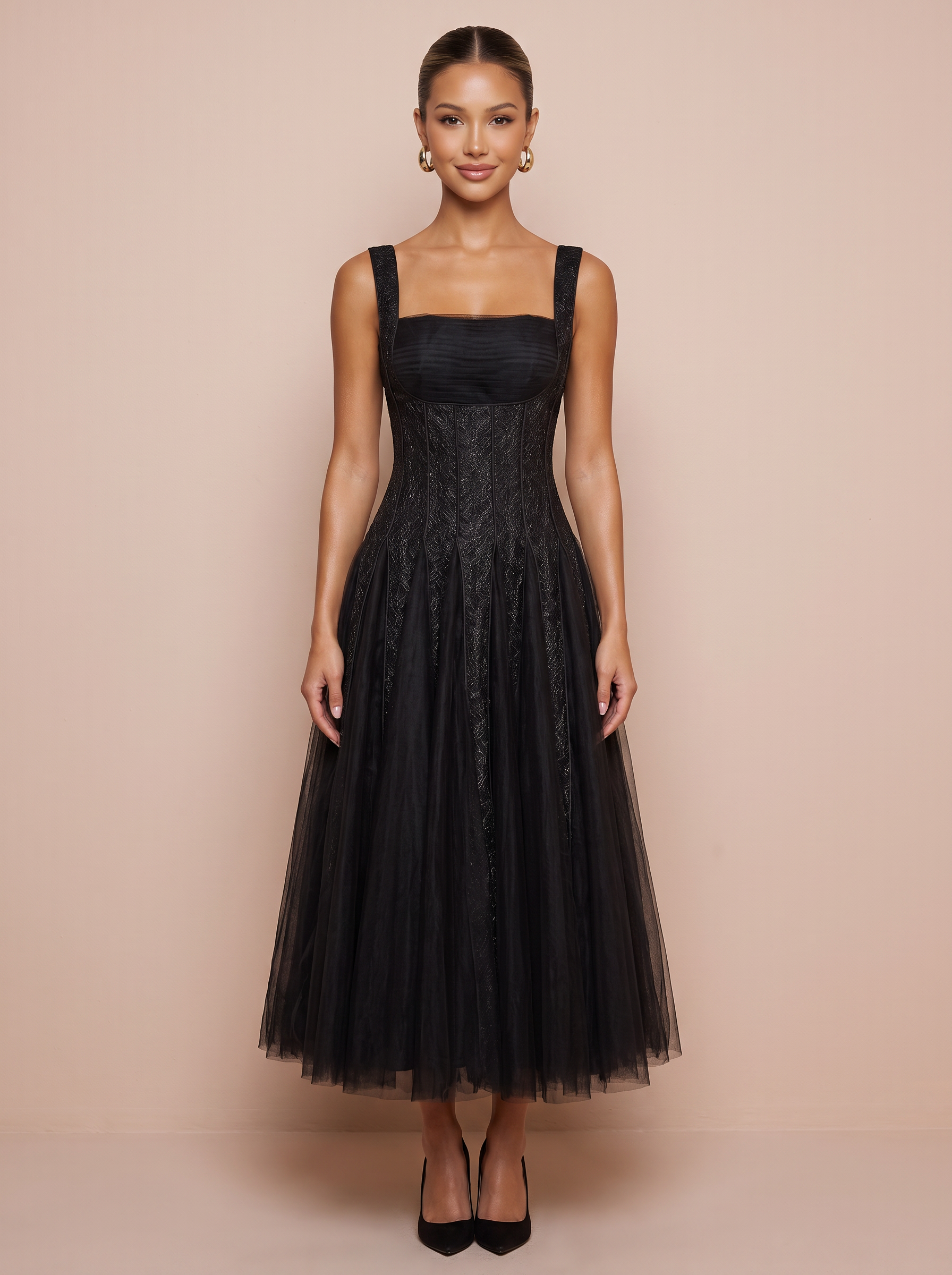 Skylar Square-neck Embroidered Mesh Midi Dress