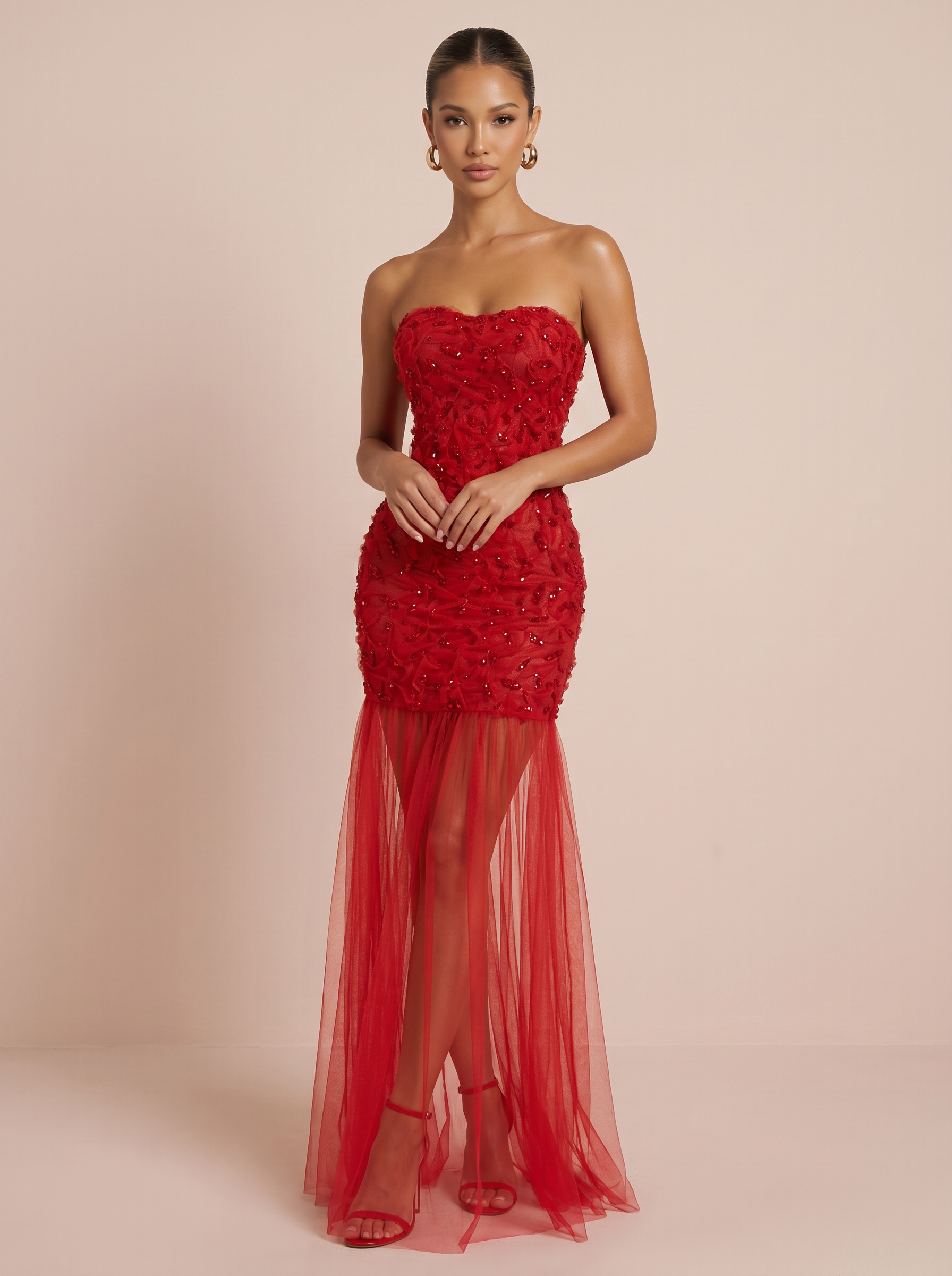Anastasia Strapless Crystal Bodycon Mesh Maxi Dress 