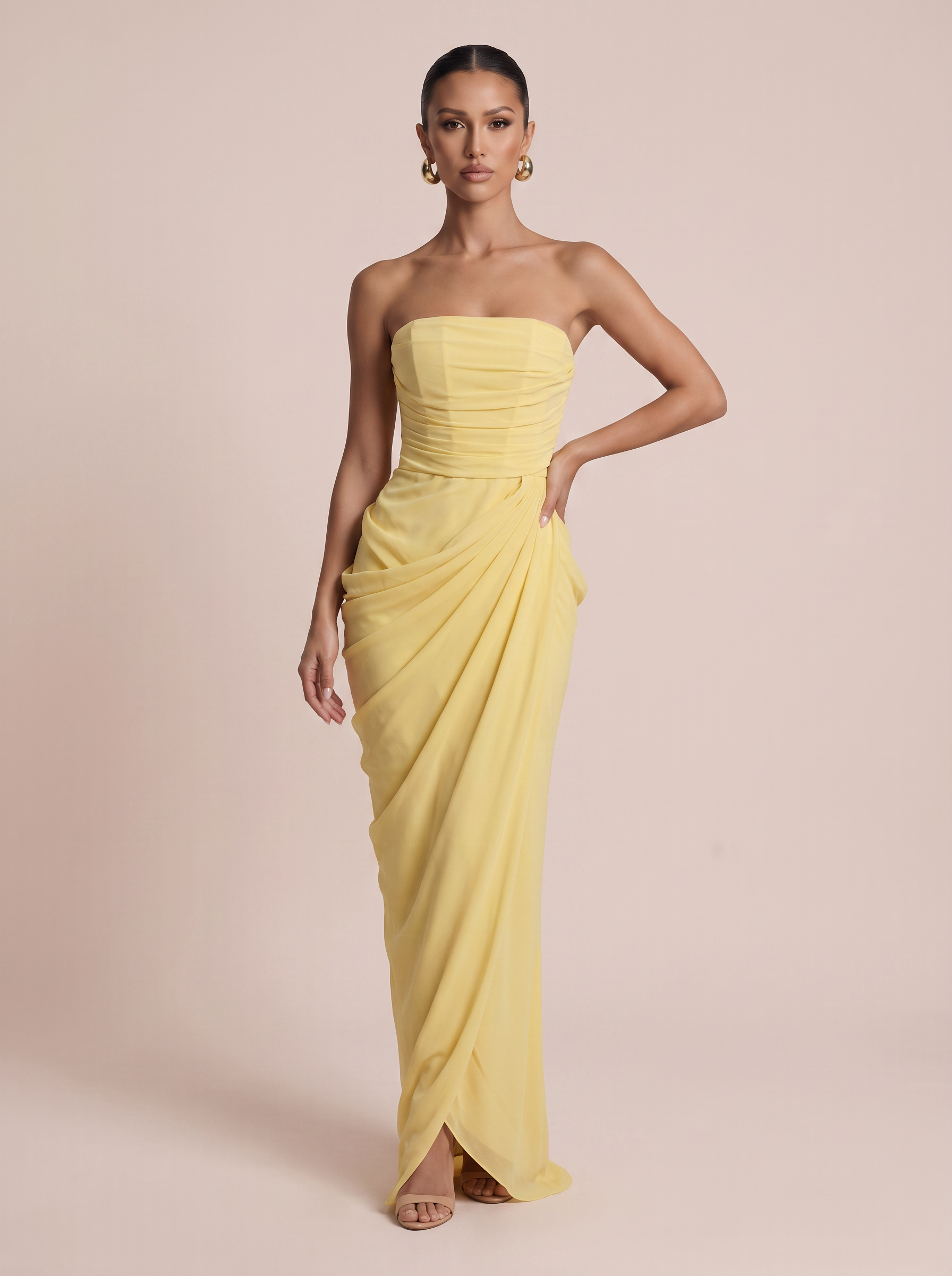 Rhea Strapless Ruched Sleeveless Lace Up Maxi Dress