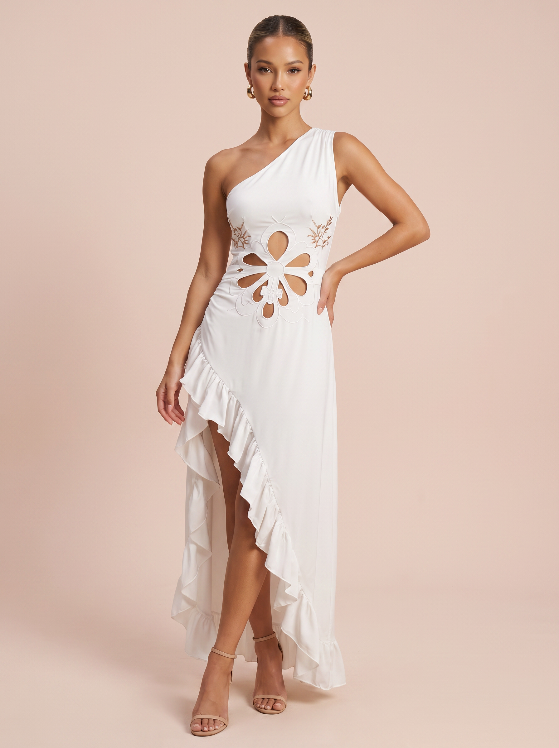 Evalina White One Shoulder Floral Cut Out Detail Maxi Dress