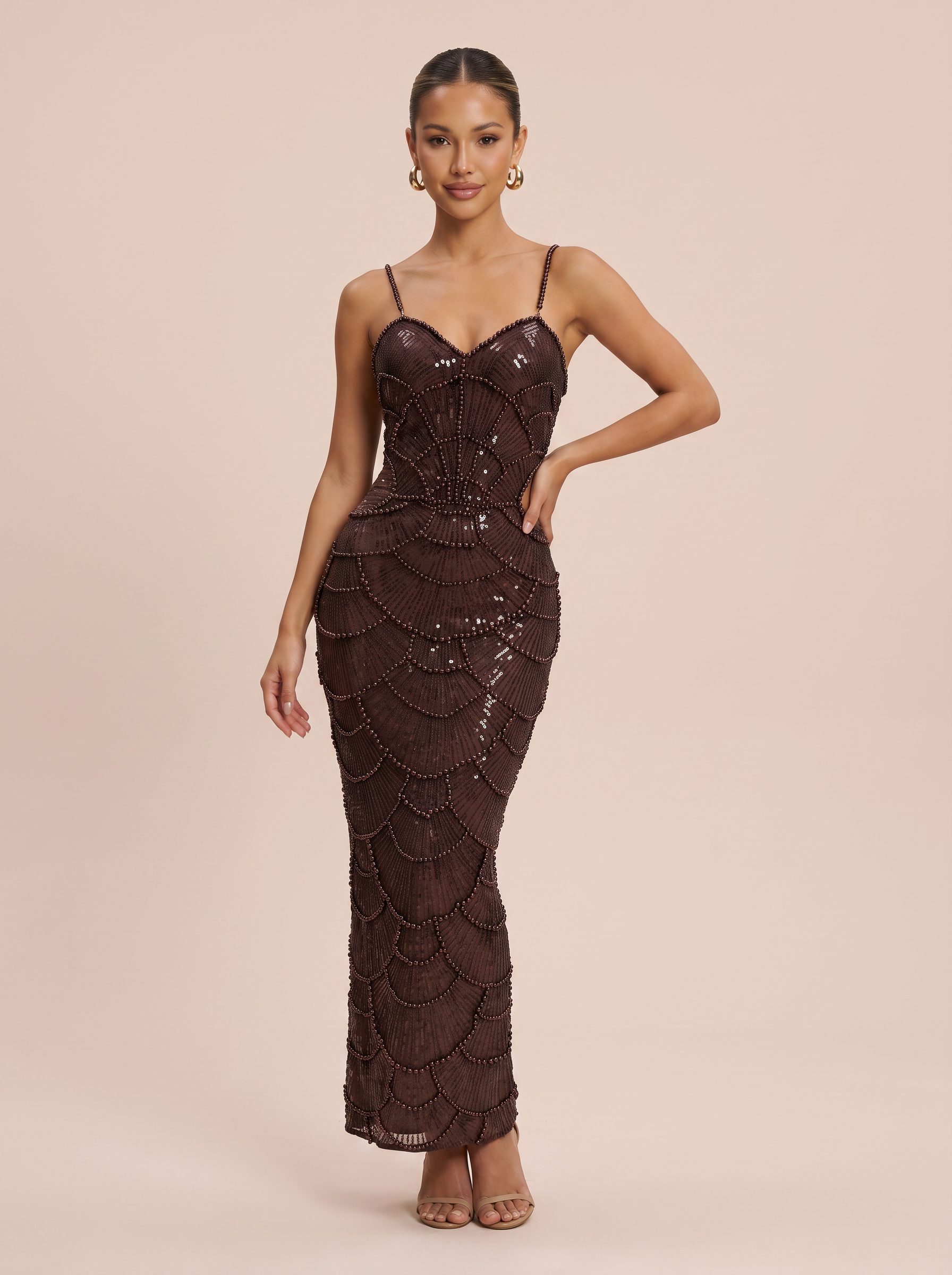 Cinnare Brown Sequin Bodycon Maxi Dress Celebrate 
