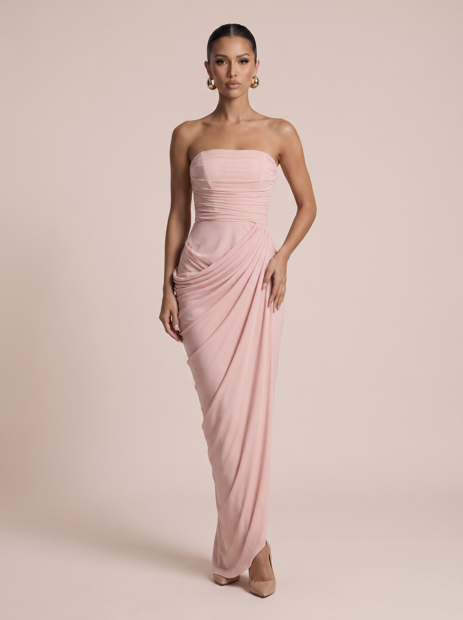 Rhea Strapless Ruched Sleeveless Lace Up Maxi Dress