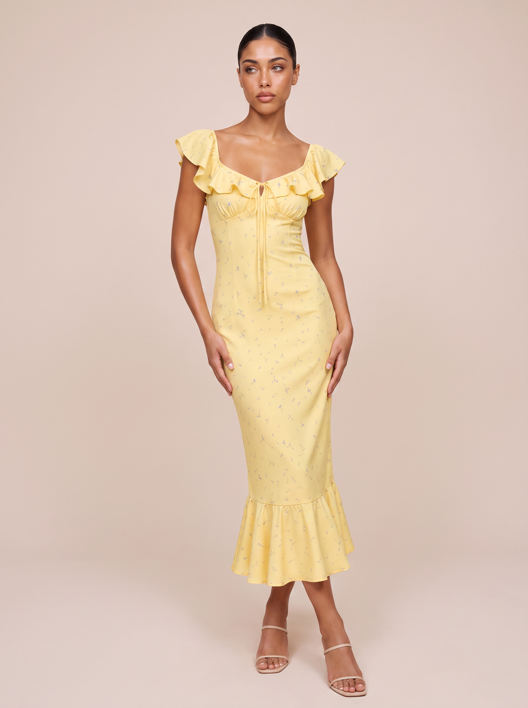 MMika Elegant Ruffle Yellow Short Sleeve Maxi Dress