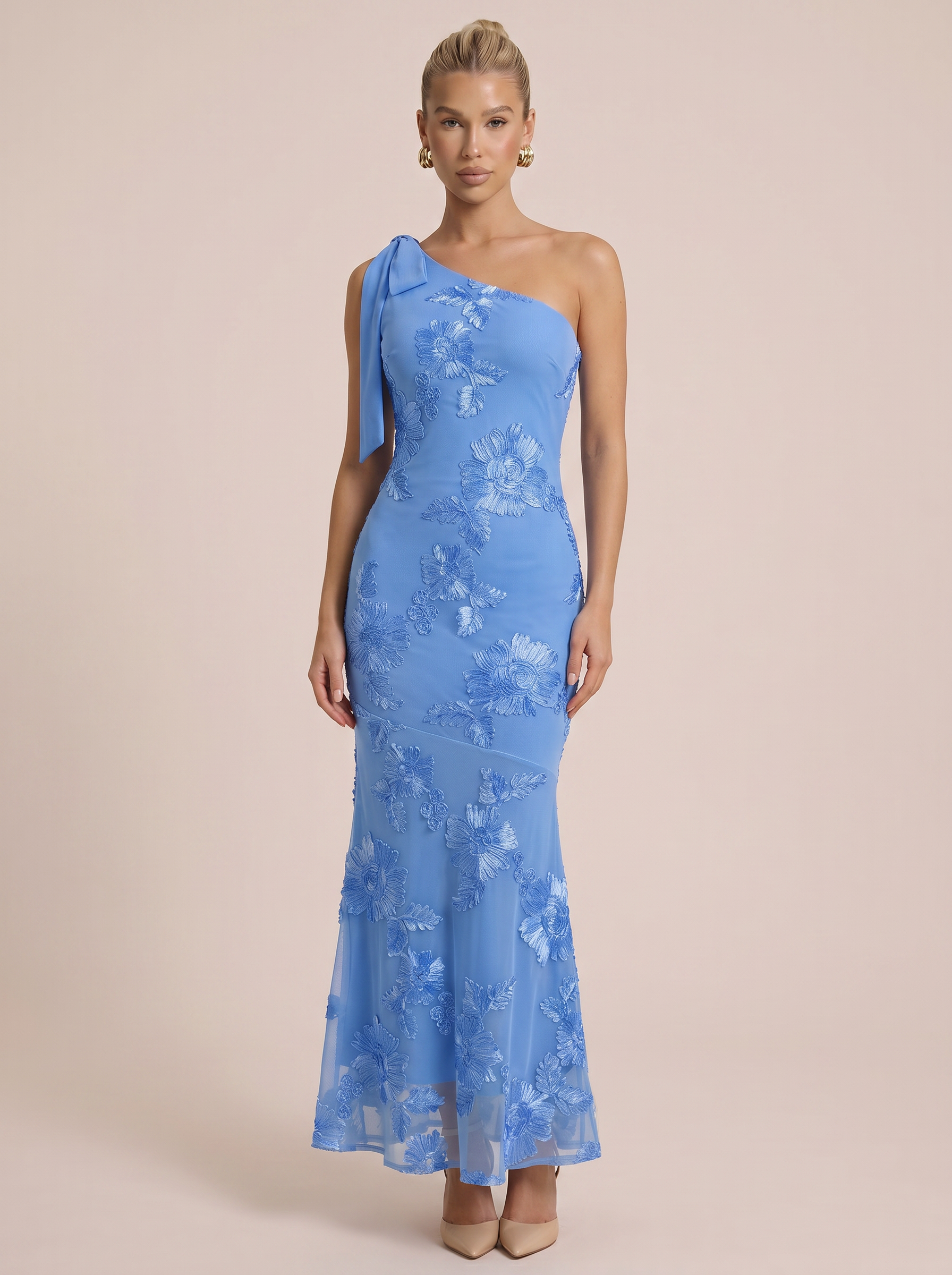 Dayana Floral Applique One Shoulder Maxi Dress