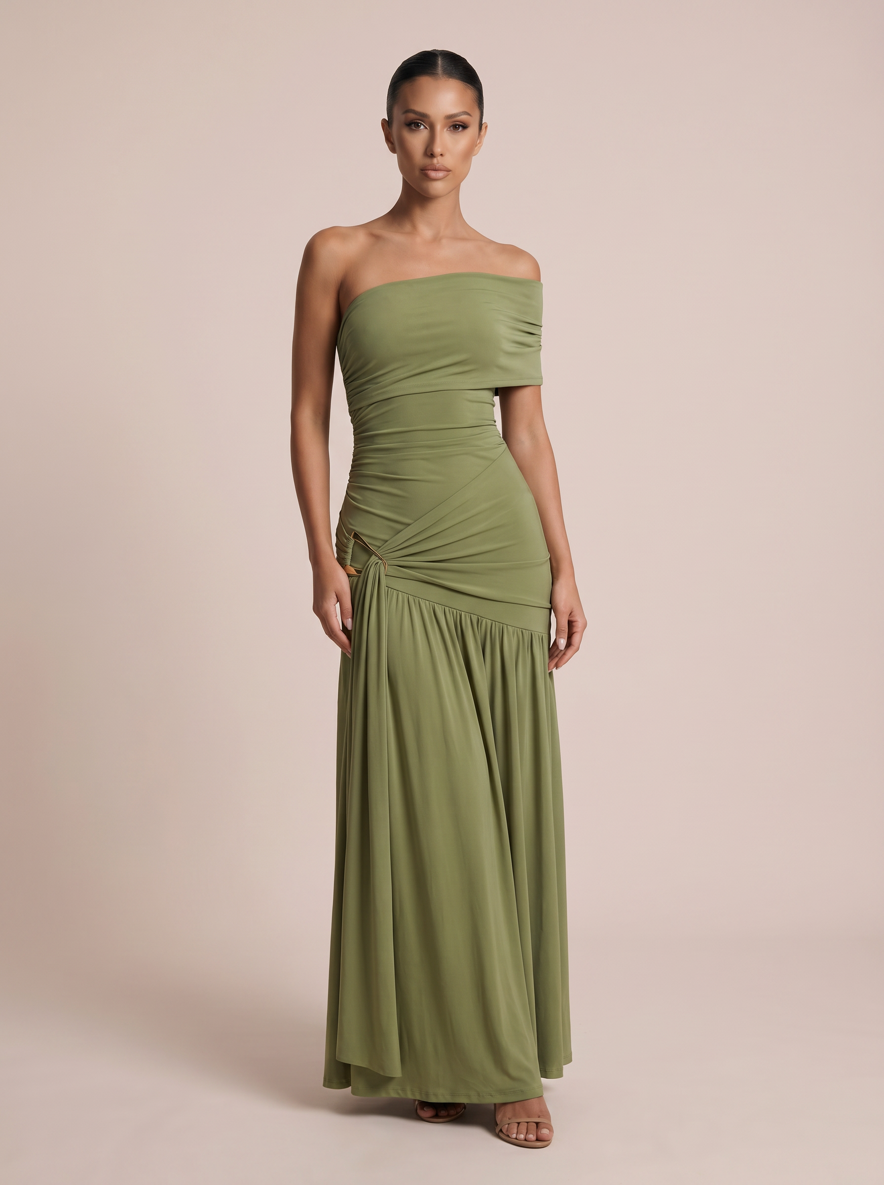 Bridget Green One Shoulder Ruched Maxi Dress